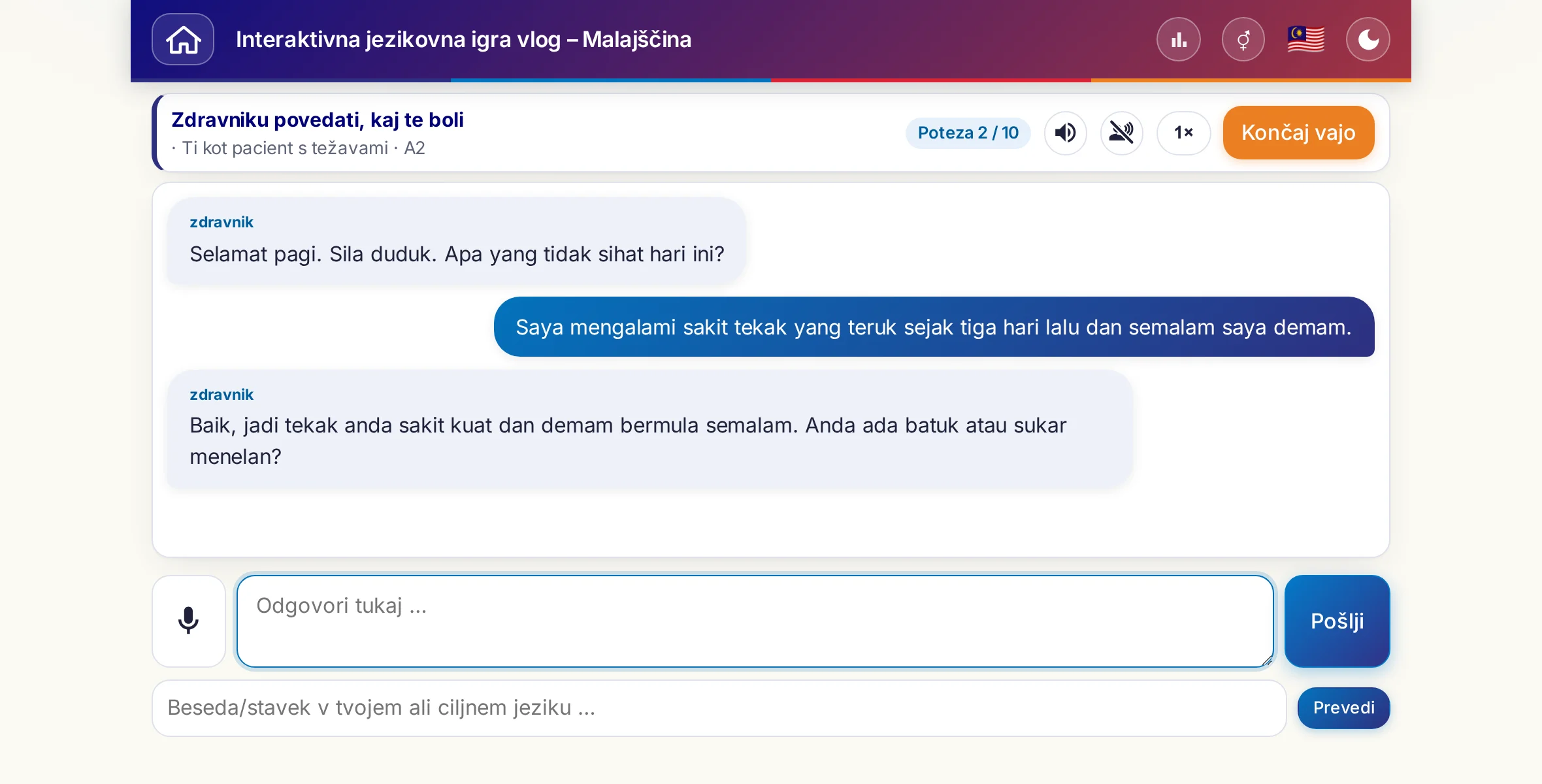 Igra vlog med pogovorom: zdravnica sprašuje po jakosti bolečine, vročini in poteku dneva, učeči se prosto odgovarja in na koncu prosi za recept.