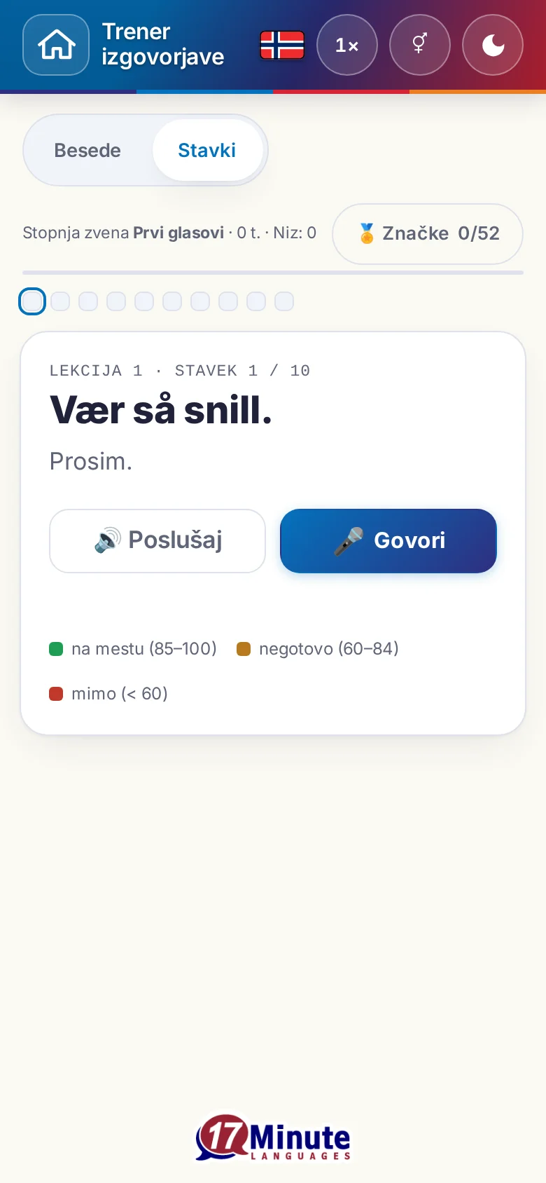 Telefon: začeta vaja izgovorjave s ciljnim stavkom in legendo ocene.