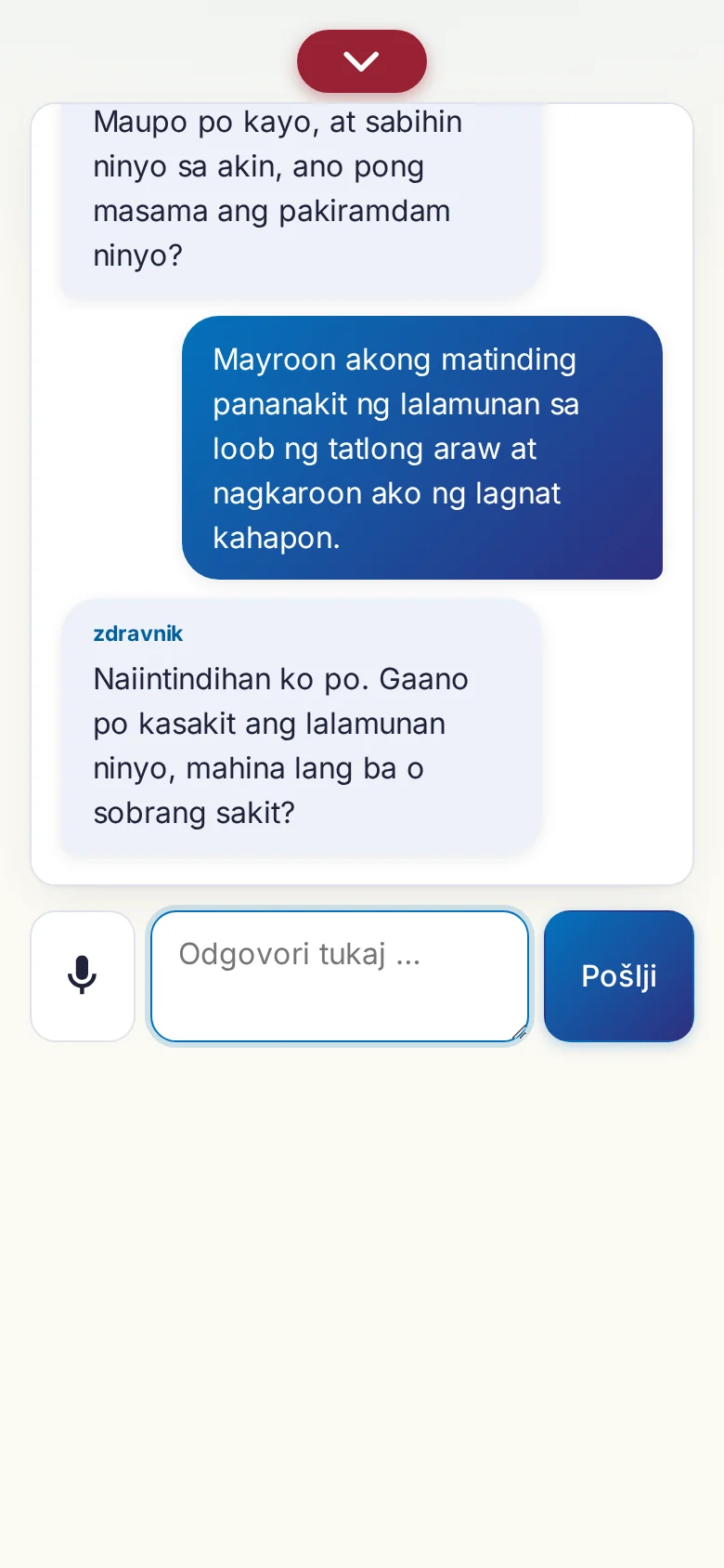 Telefon: tekoč pogovor z vnosom prek mikrofona.