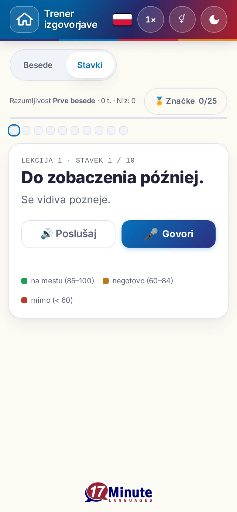 Telefon: začeta vaja izgovorjave s ciljnim stavkom in legendo ocene.