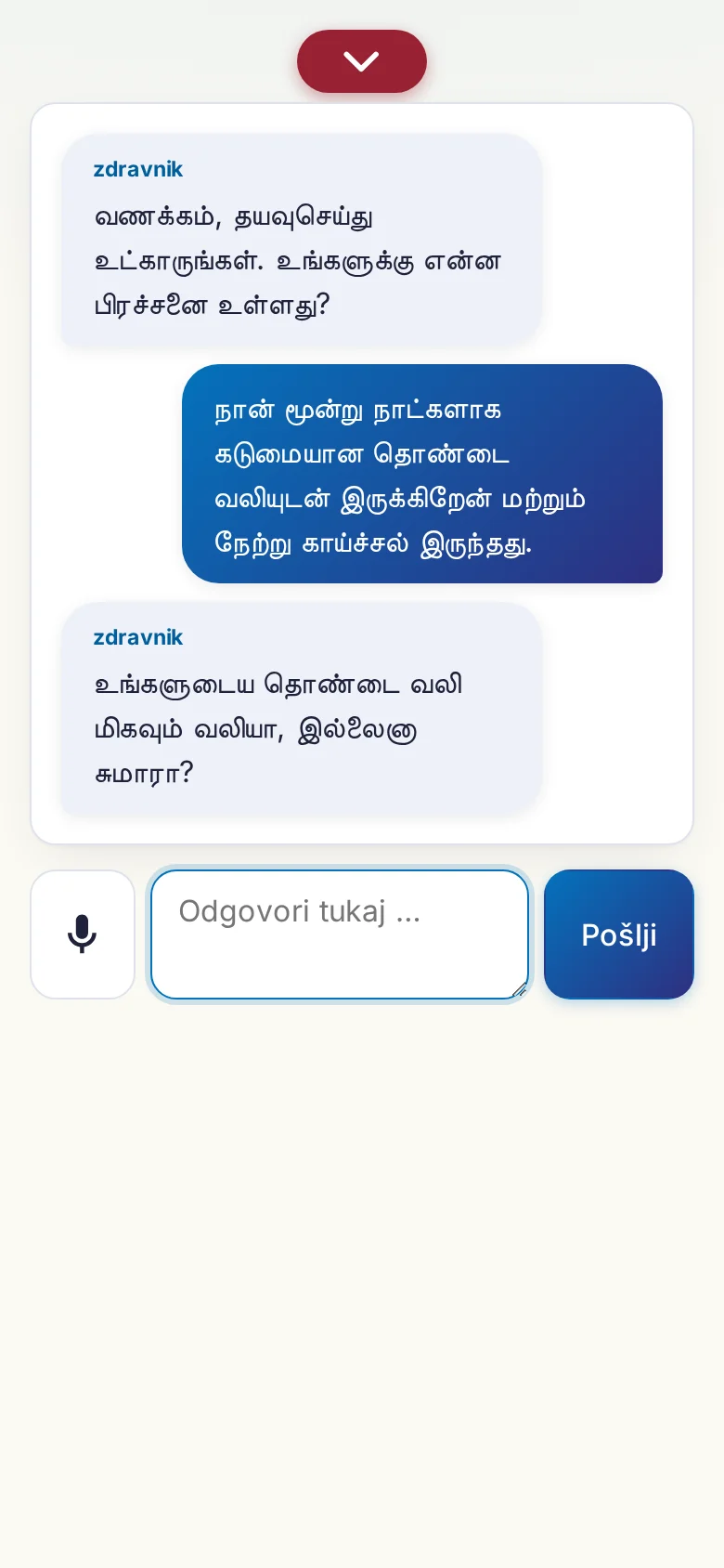 Telefon: tekoč pogovor z vnosom prek mikrofona.