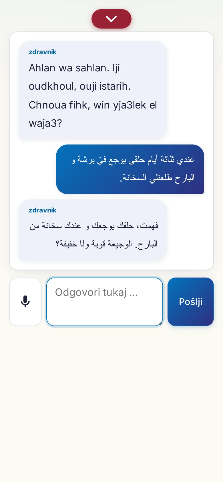 Telefon: tekoč pogovor z vnosom prek mikrofona.