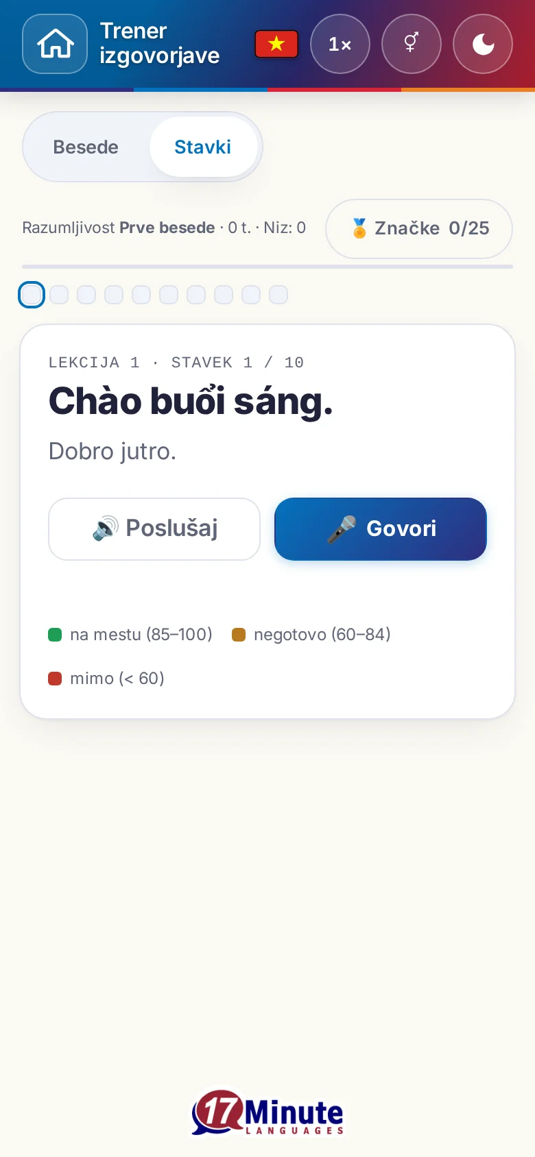 Telefon: začeta vaja izgovorjave s ciljnim stavkom in legendo ocene.