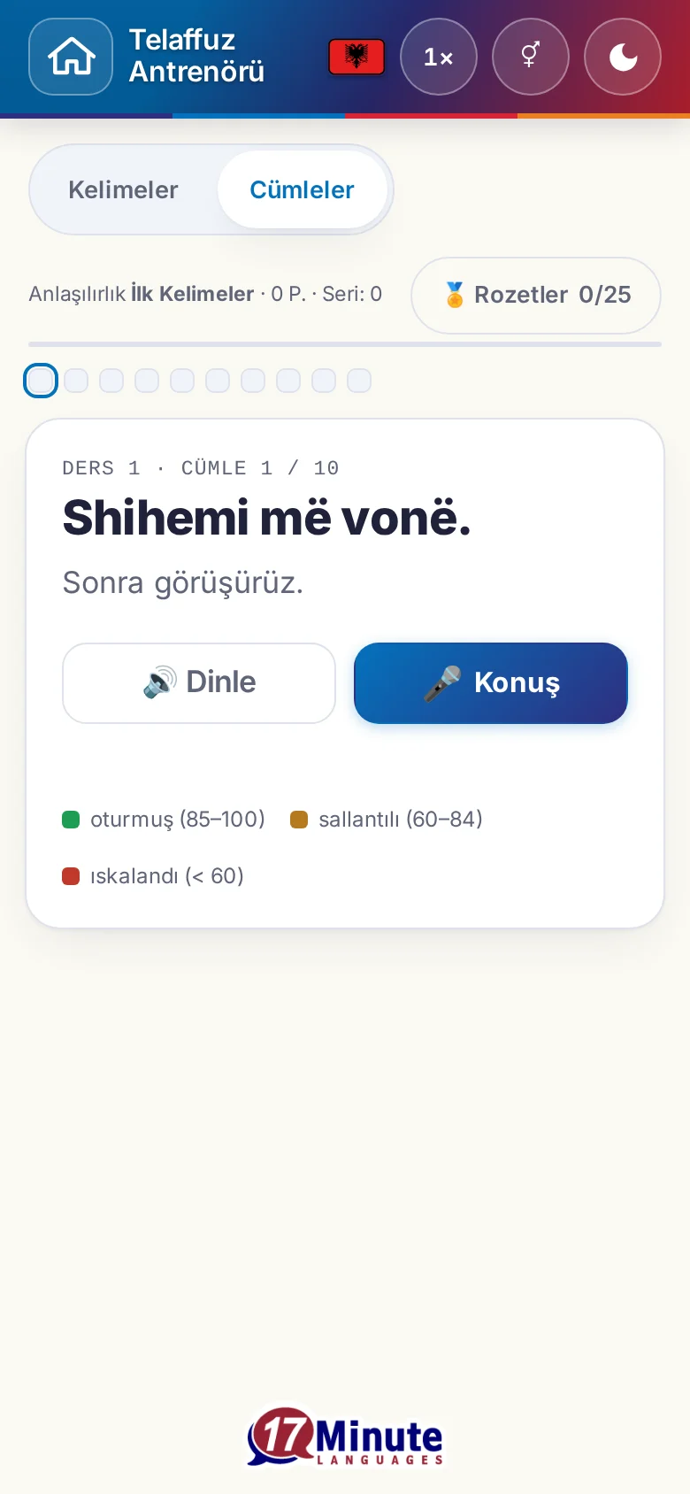 Telefon: hedef cümlesi ve değerlendirme açıklamasıyla başlatılmış bir telaffuz alıştırması.
