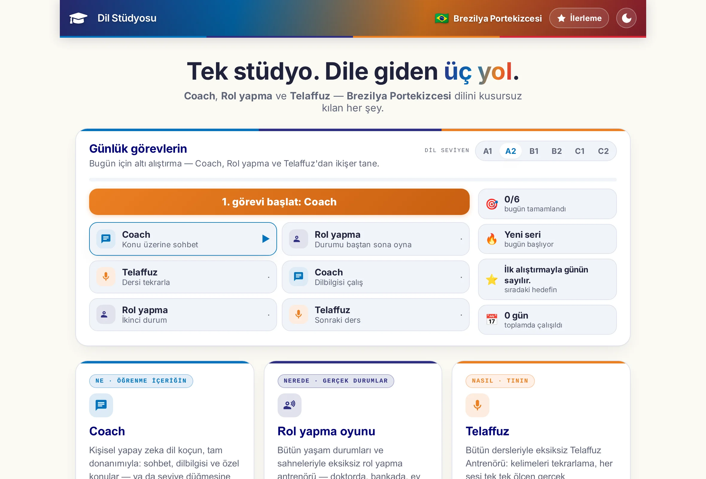 Dil Stüdyosu'nun başlangıç sayfası: kutucuk halinde üç program ve üstlerinde günlük görevin altı alıştırması.