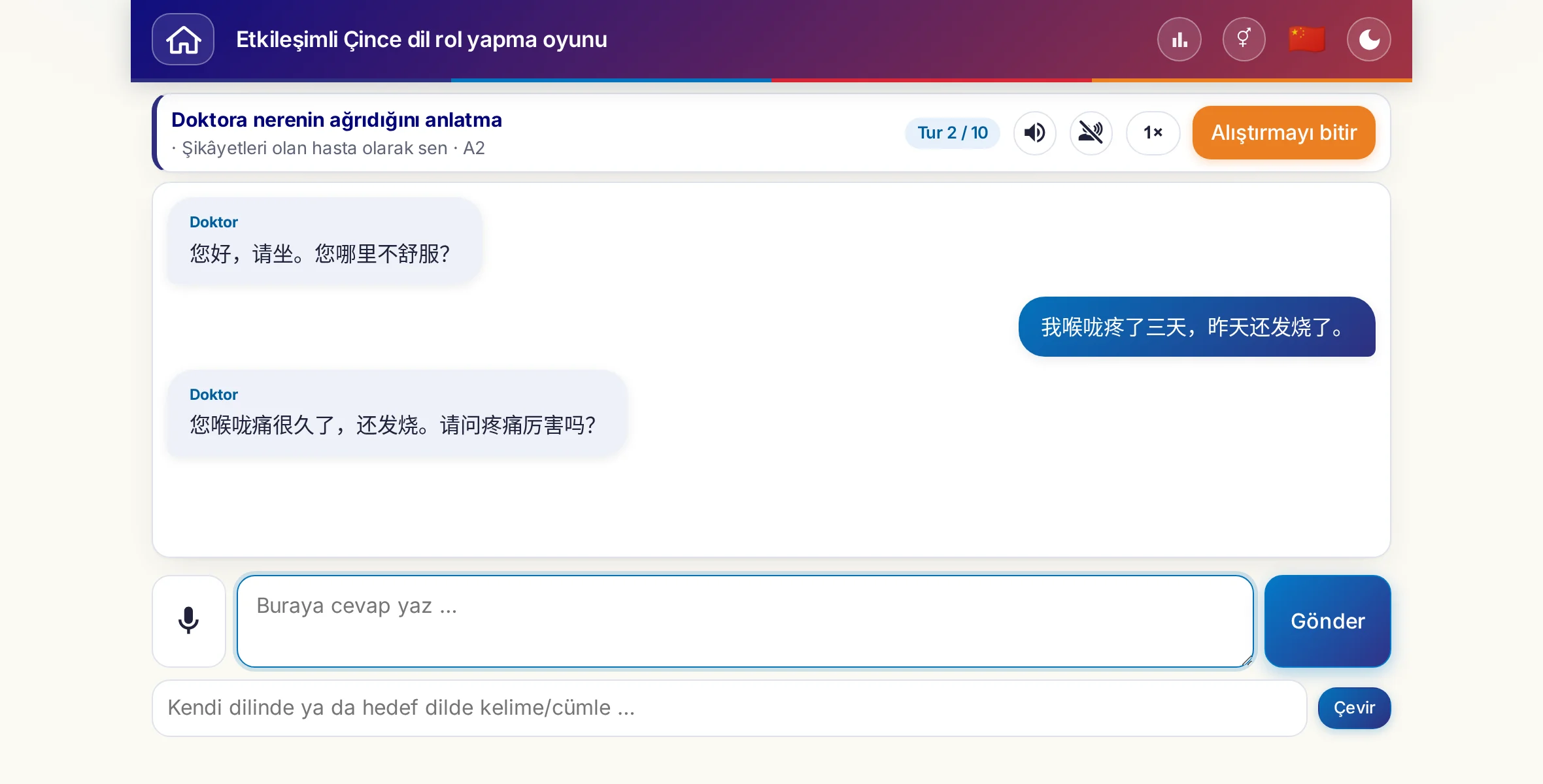 Sohbet halinde bir rol yapma oyunu: doktor ağrının şiddetini, ateşi ve günün gidişini soruyor, öğrenen kişi serbestçe cevap veriyor ve sonunda reçete istiyor.