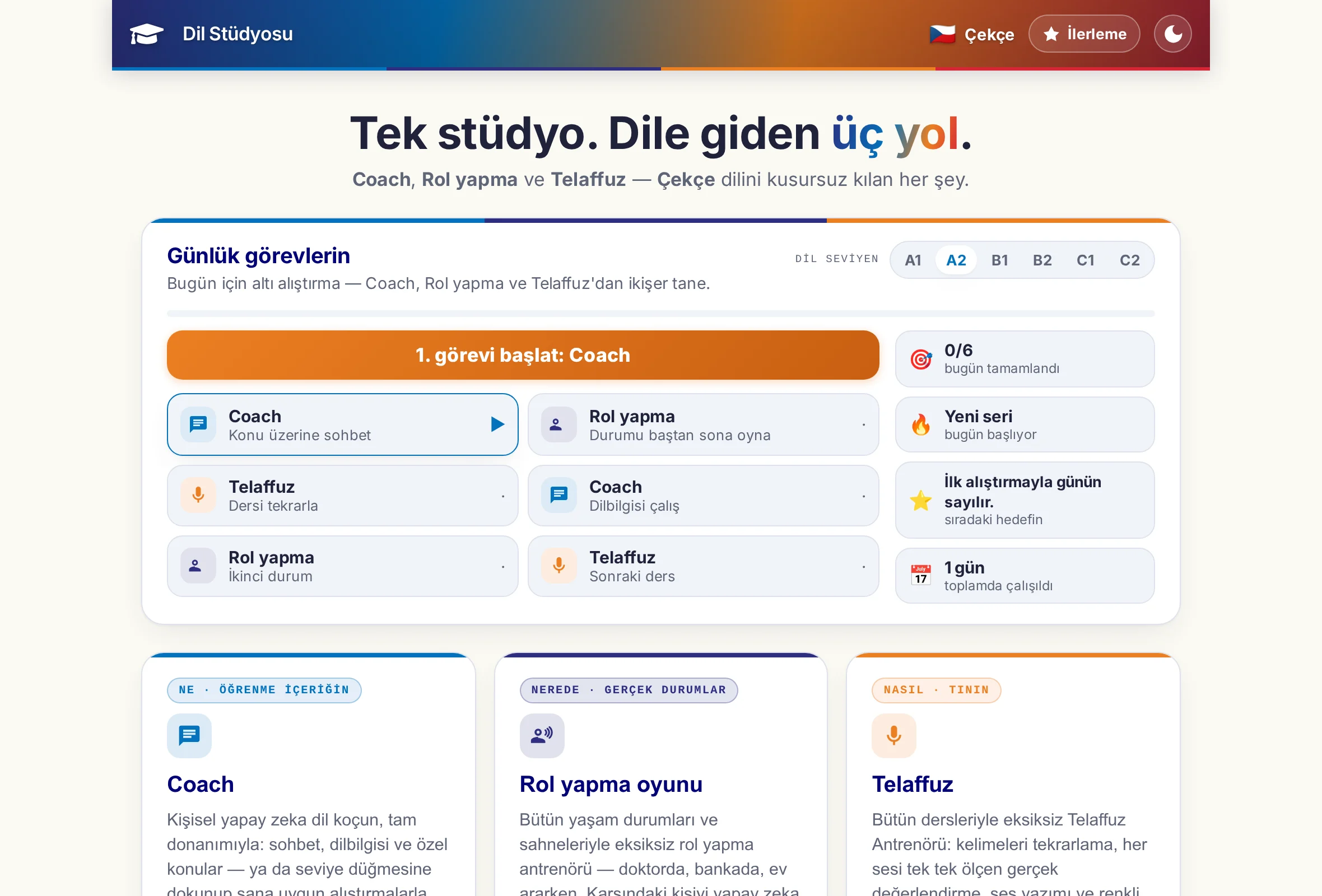 Dil Stüdyosu'nun başlangıç sayfası: kutucuk halinde üç program ve üstlerinde günlük görevin altı alıştırması.