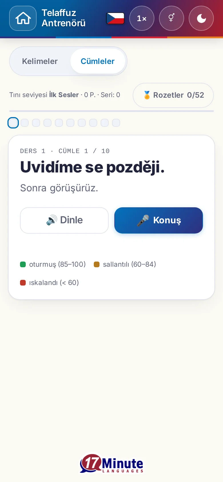 Telefon: hedef cümlesi ve değerlendirme açıklamasıyla başlatılmış bir telaffuz alıştırması.