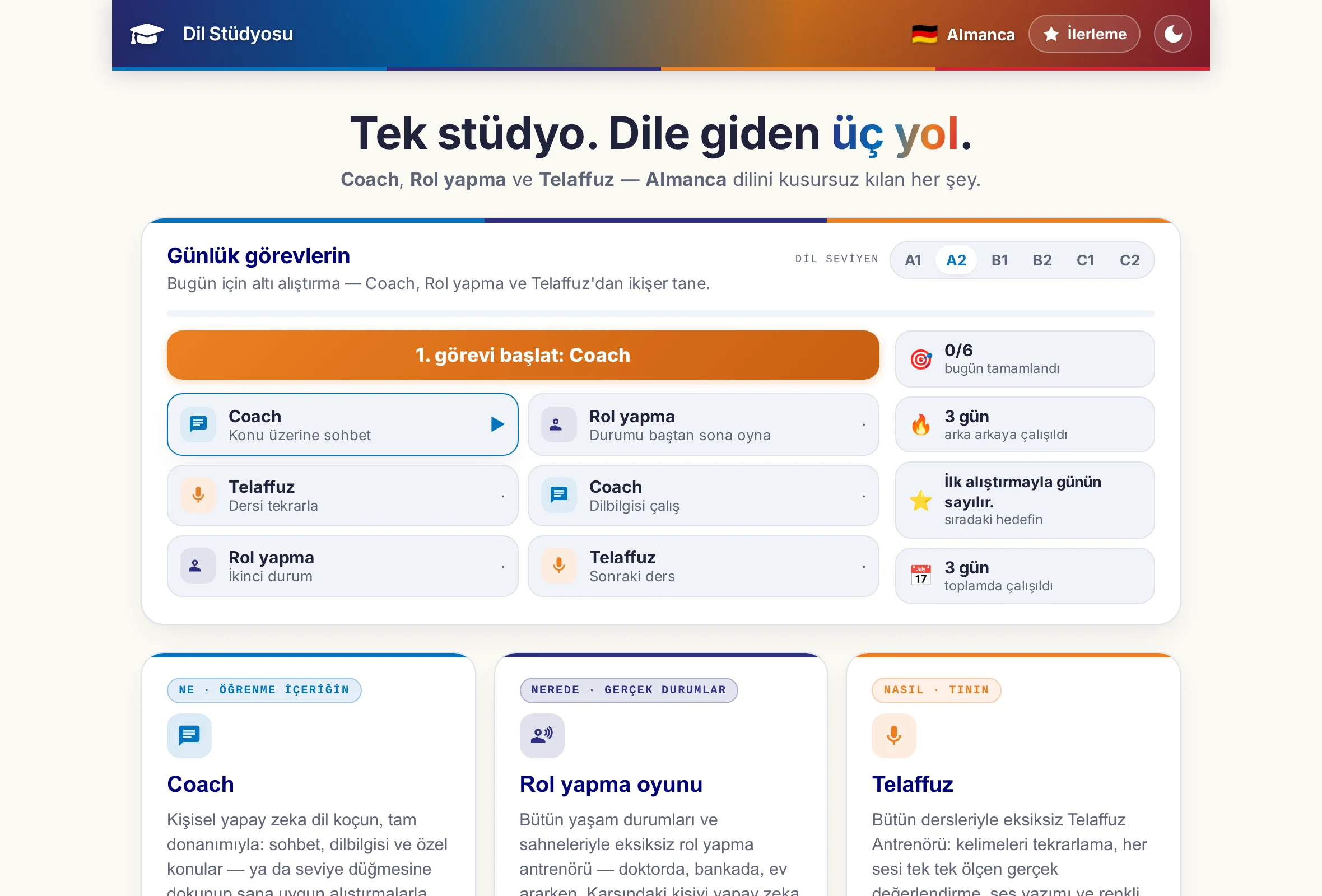Dil Stüdyosu'nun başlangıç sayfası: kutucuk halinde üç program ve üstlerinde günlük görevin altı alıştırması.