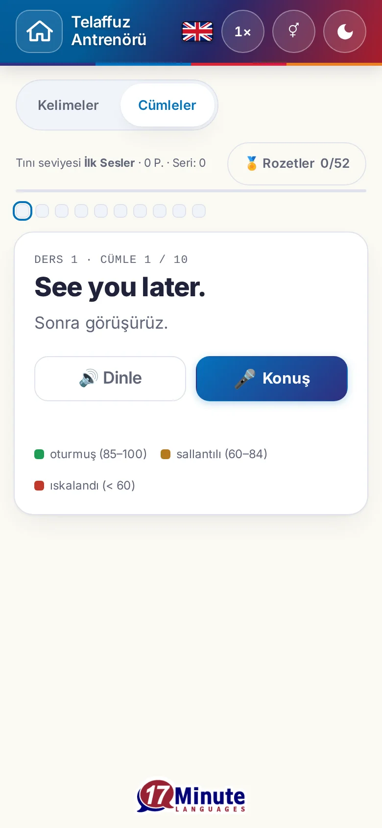 Telefon: hedef cümlesi ve değerlendirme açıklamasıyla başlatılmış bir telaffuz alıştırması.