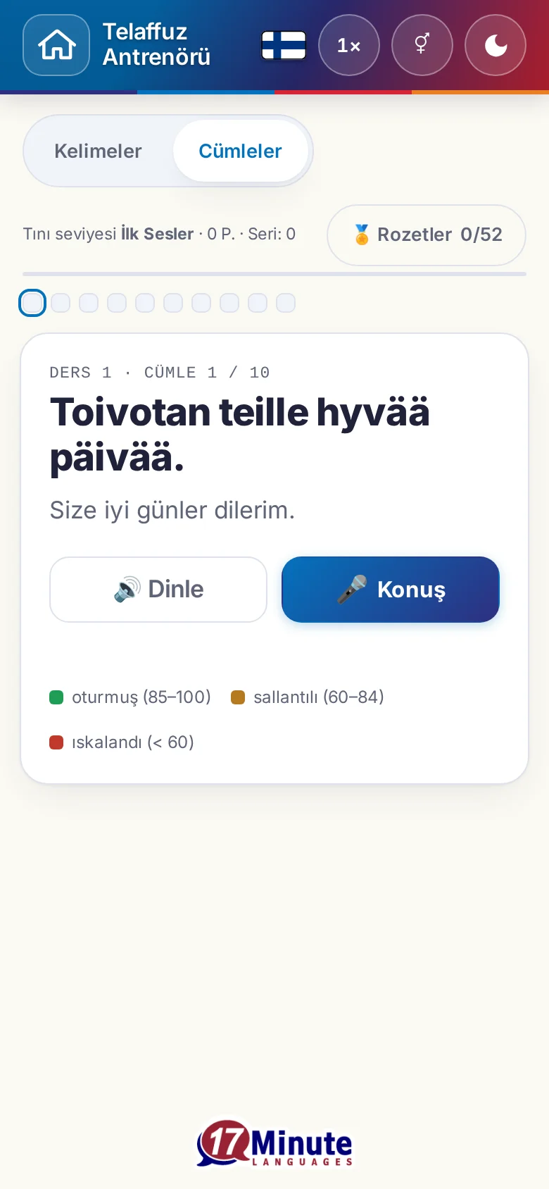 Telefon: hedef cümlesi ve değerlendirme açıklamasıyla başlatılmış bir telaffuz alıştırması.