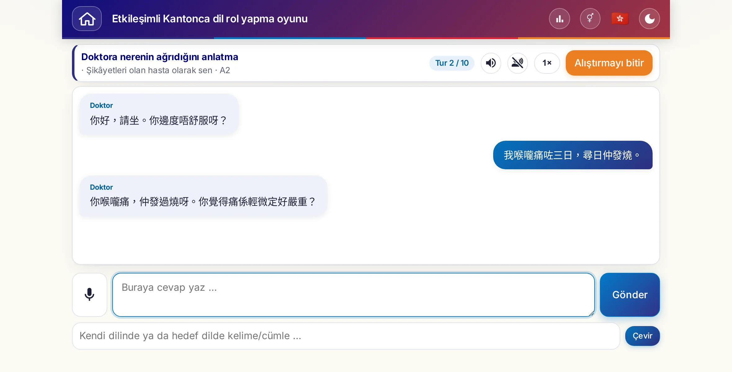 Sohbet halinde bir rol yapma oyunu: doktor ağrının şiddetini, ateşi ve günün gidişini soruyor, öğrenen kişi serbestçe cevap veriyor ve sonunda reçete istiyor.