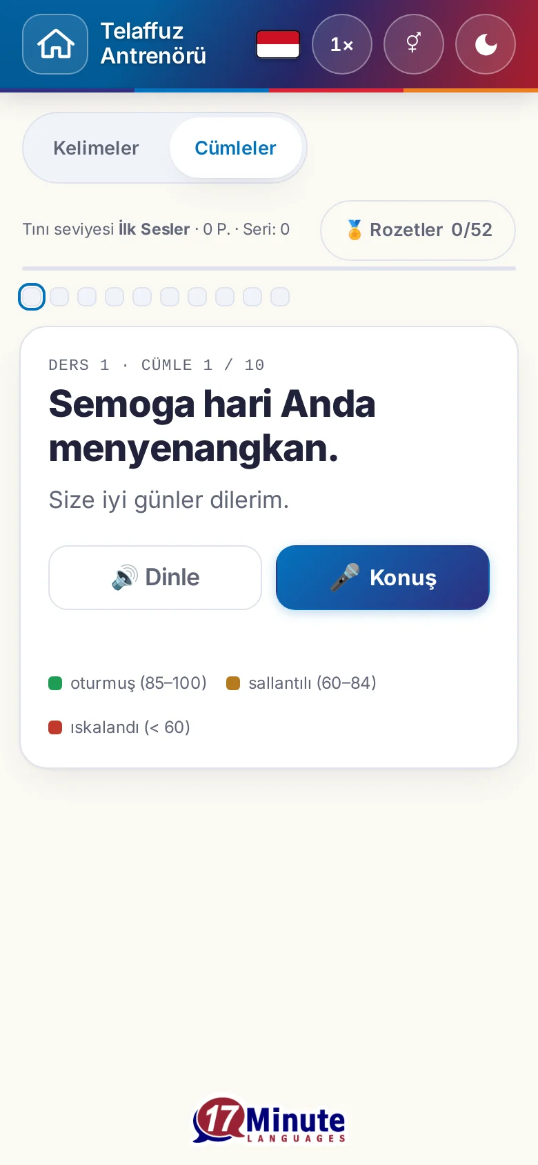 Telefon: hedef cümlesi ve değerlendirme açıklamasıyla başlatılmış bir telaffuz alıştırması.