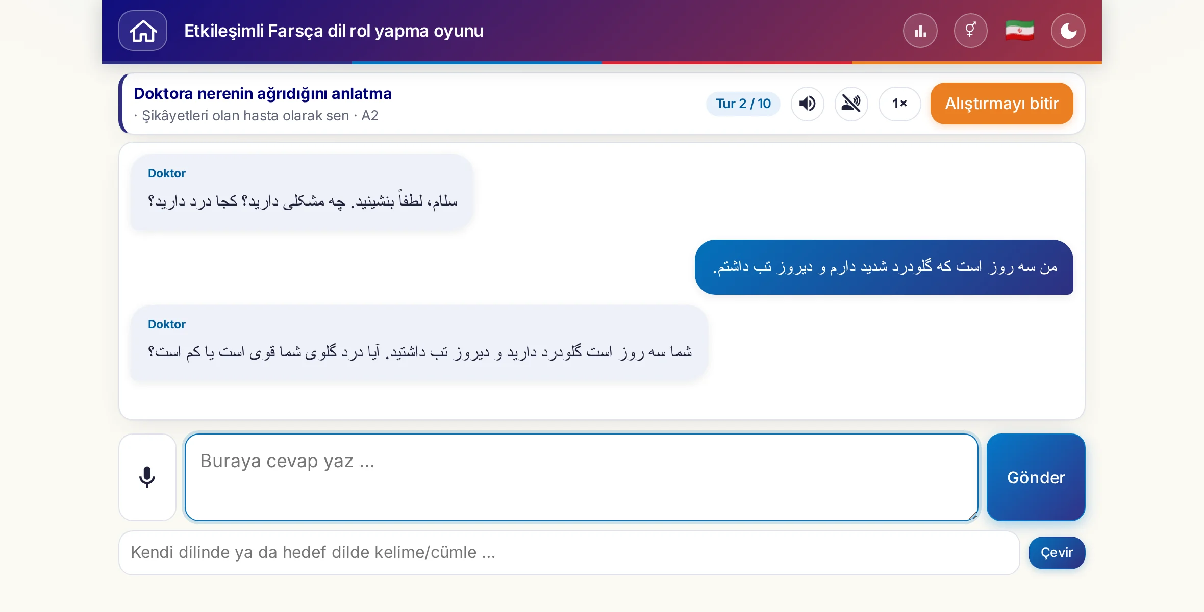 Sohbet halinde bir rol yapma oyunu: doktor ağrının şiddetini, ateşi ve günün gidişini soruyor, öğrenen kişi serbestçe cevap veriyor ve sonunda reçete istiyor.