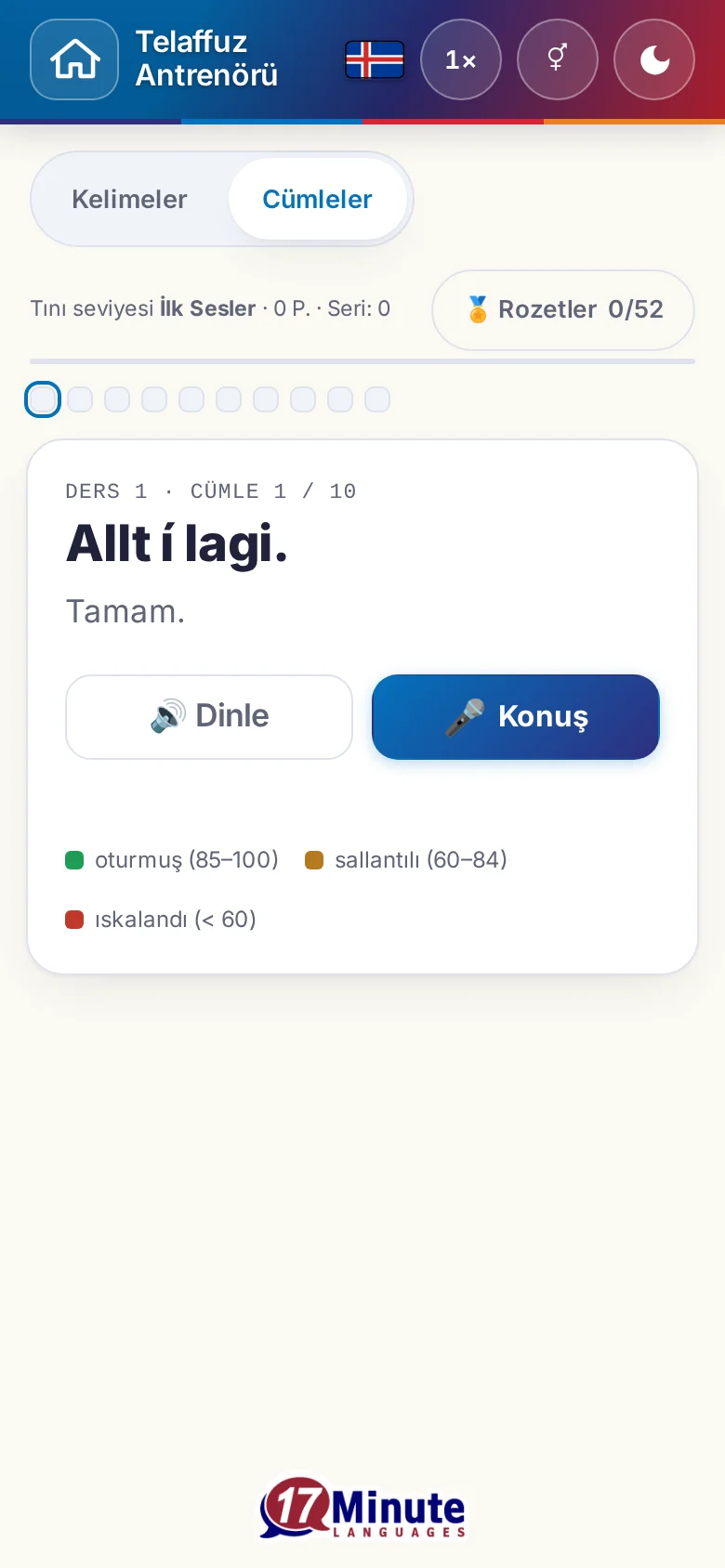 Telefon: hedef cümlesi ve değerlendirme açıklamasıyla başlatılmış bir telaffuz alıştırması.