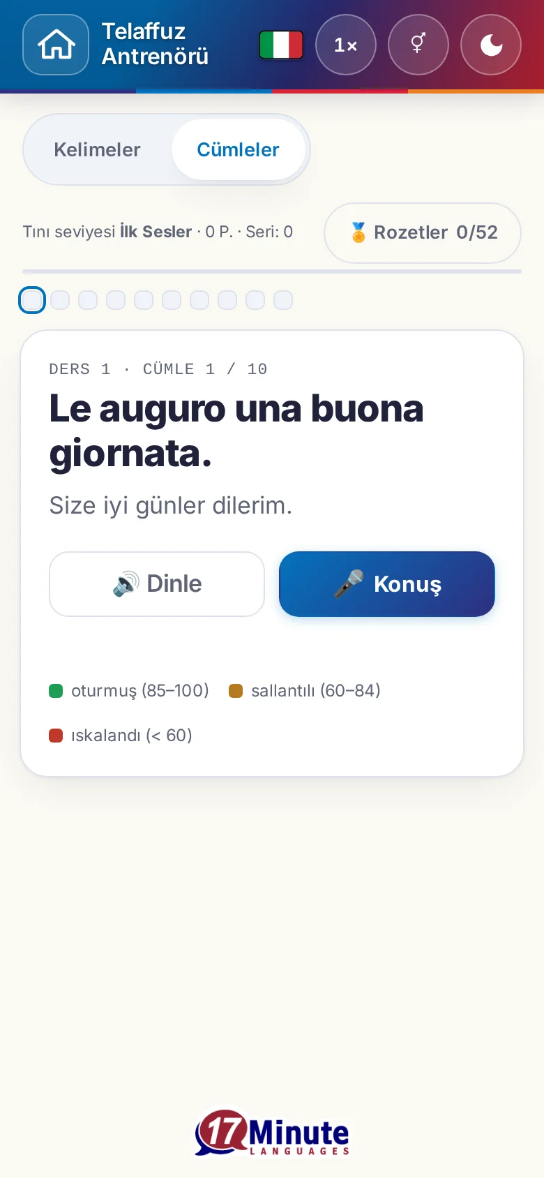 Telefon: hedef cümlesi ve değerlendirme açıklamasıyla başlatılmış bir telaffuz alıştırması.