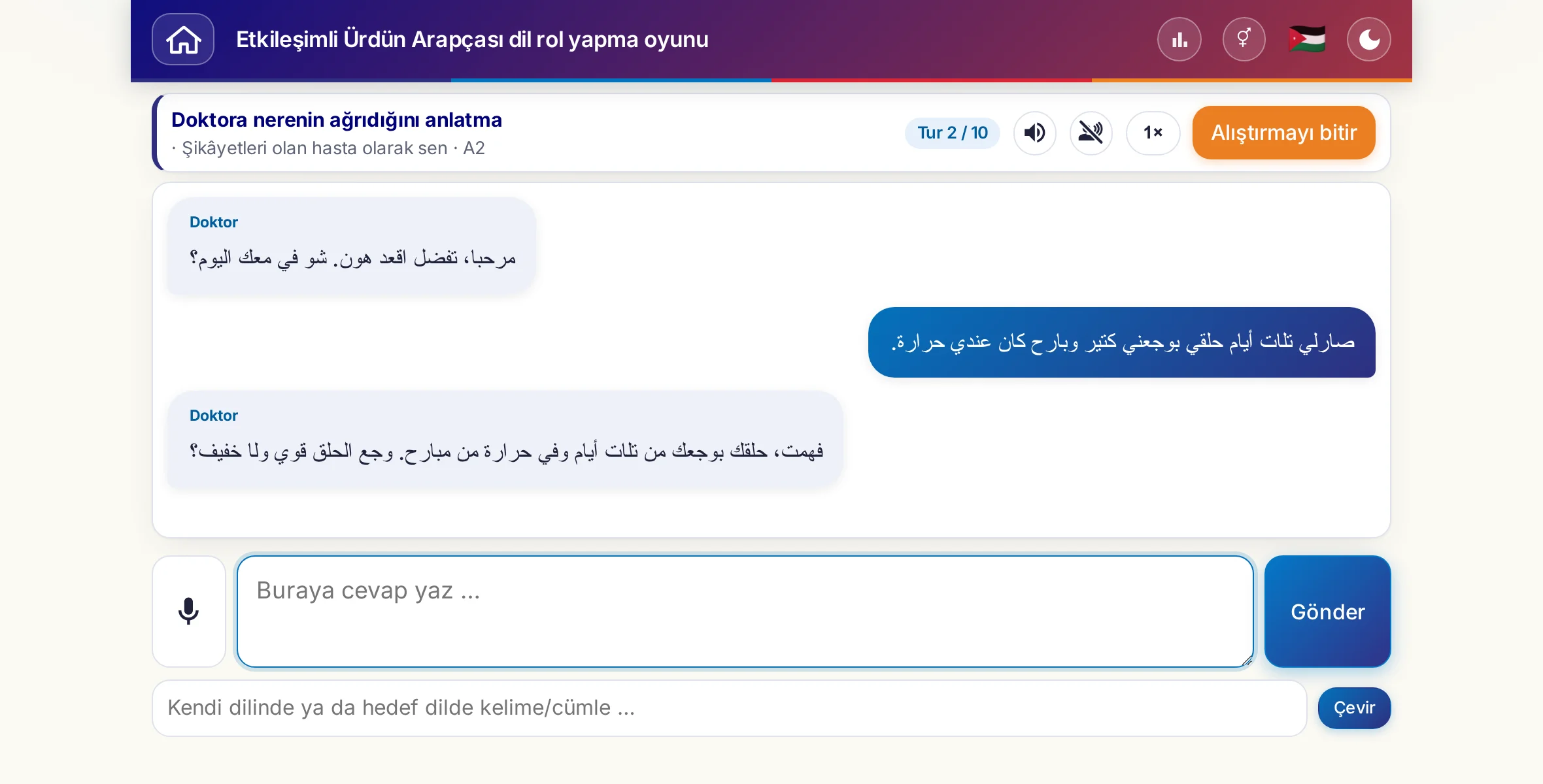 Sohbet halinde bir rol yapma oyunu: doktor ağrının şiddetini, ateşi ve günün gidişini soruyor, öğrenen kişi serbestçe cevap veriyor ve sonunda reçete istiyor.