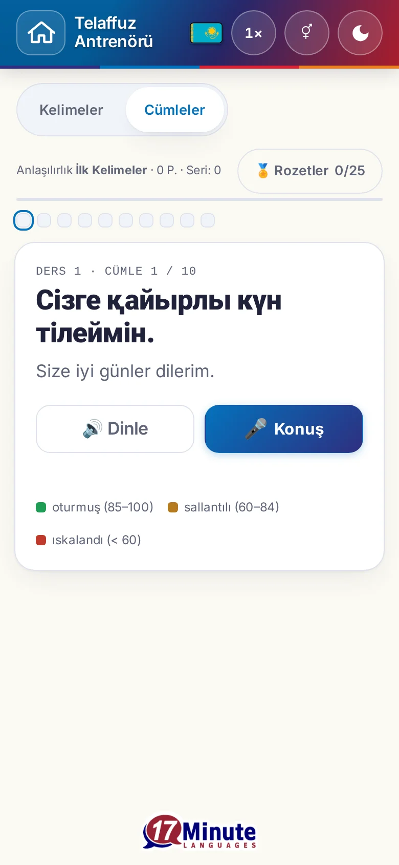 Telefon: hedef cümlesi ve değerlendirme açıklamasıyla başlatılmış bir telaffuz alıştırması.