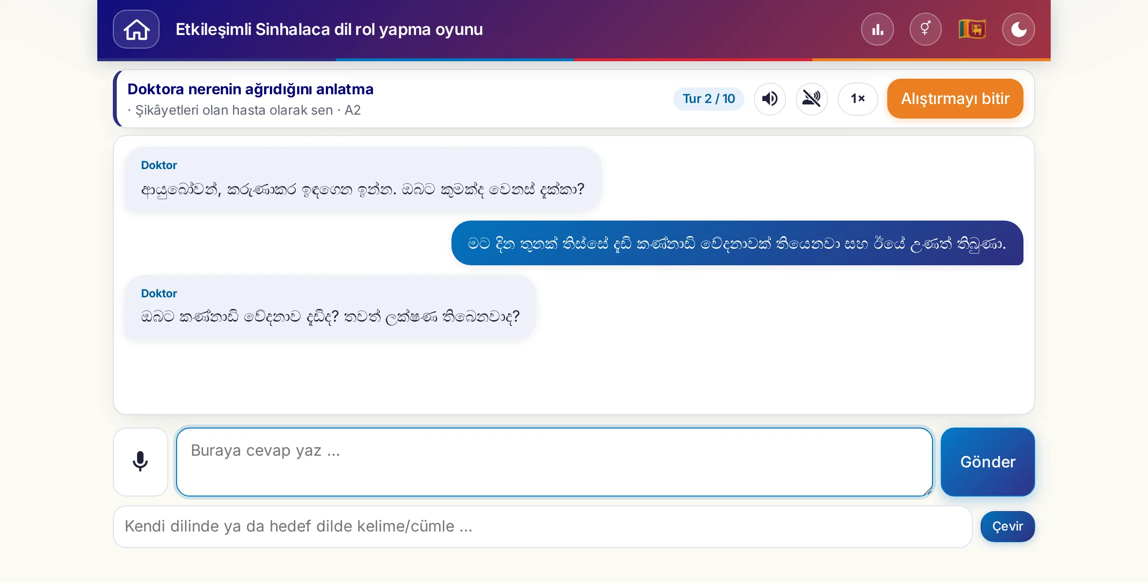 Sohbet halinde bir rol yapma oyunu: doktor ağrının şiddetini, ateşi ve günün gidişini soruyor, öğrenen kişi serbestçe cevap veriyor ve sonunda reçete istiyor.