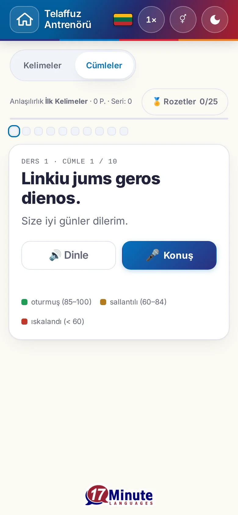 Telefon: hedef cümlesi ve değerlendirme açıklamasıyla başlatılmış bir telaffuz alıştırması.