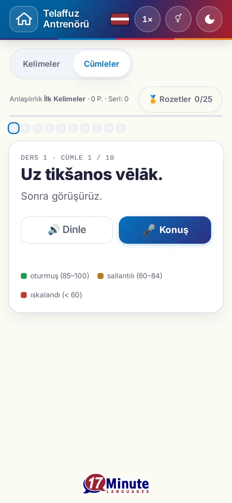Telefon: hedef cümlesi ve değerlendirme açıklamasıyla başlatılmış bir telaffuz alıştırması.