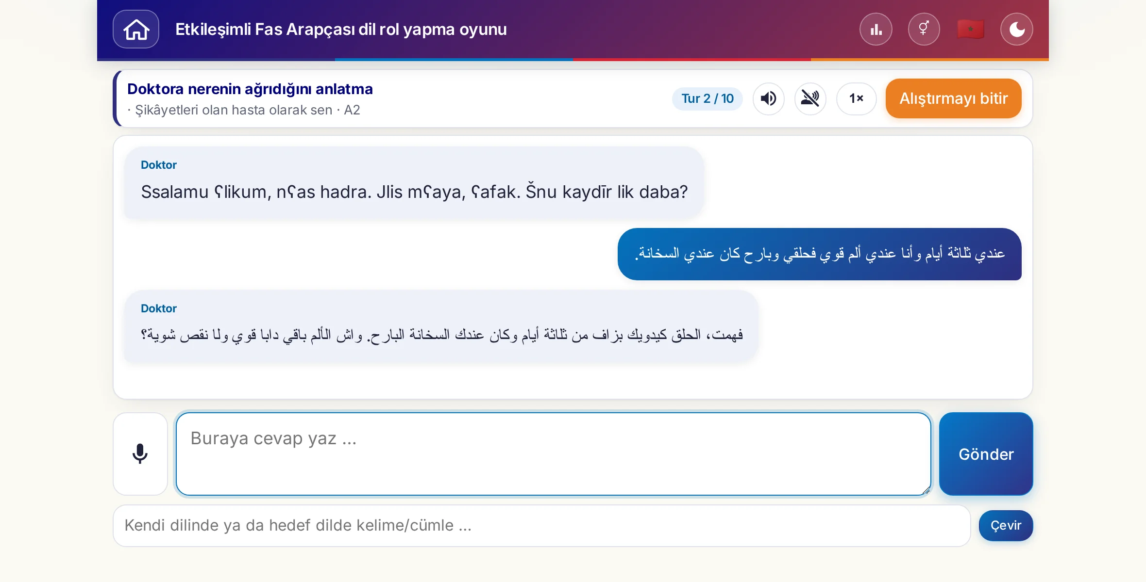 Sohbet halinde bir rol yapma oyunu: doktor ağrının şiddetini, ateşi ve günün gidişini soruyor, öğrenen kişi serbestçe cevap veriyor ve sonunda reçete istiyor.