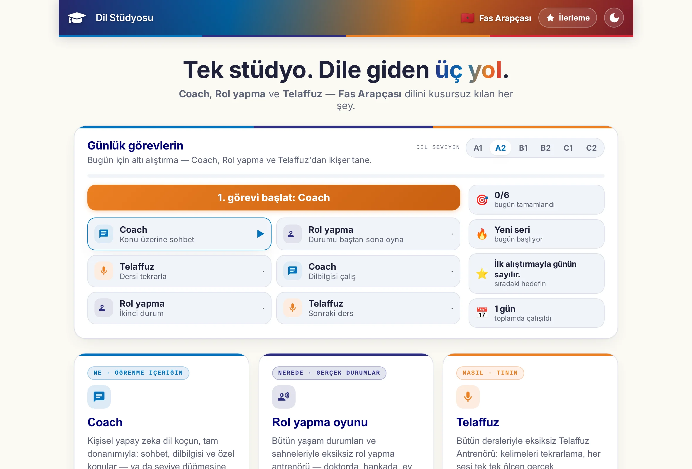 Dil Stüdyosu'nun başlangıç sayfası: kutucuk halinde üç program ve üstlerinde günlük görevin altı alıştırması.