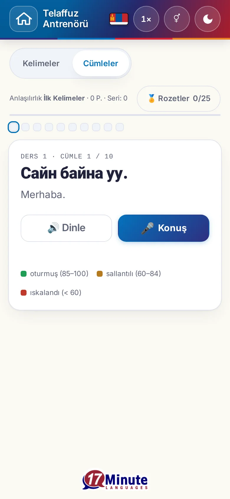 Telefon: hedef cümlesi ve değerlendirme açıklamasıyla başlatılmış bir telaffuz alıştırması.