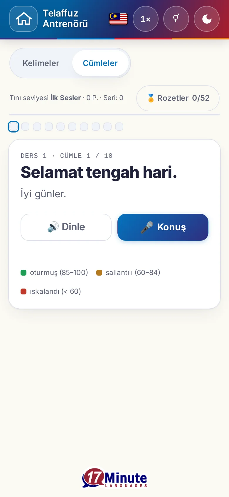 Telefon: hedef cümlesi ve değerlendirme açıklamasıyla başlatılmış bir telaffuz alıştırması.