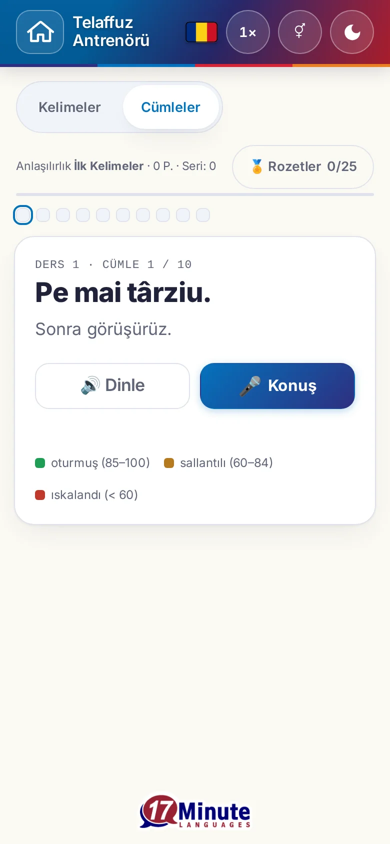 Telefon: hedef cümlesi ve değerlendirme açıklamasıyla başlatılmış bir telaffuz alıştırması.