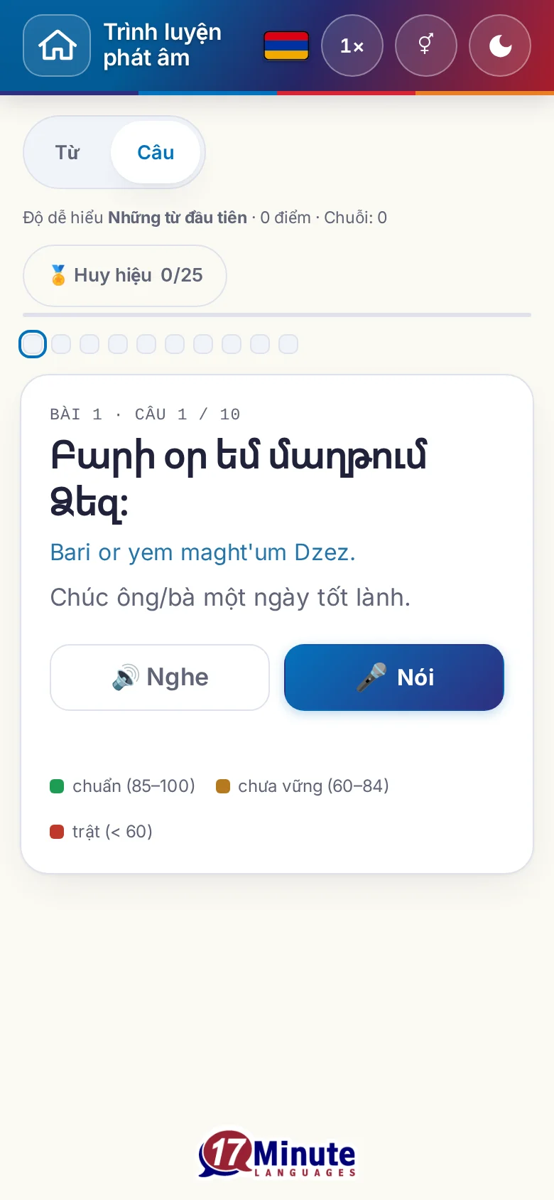 Điện thoại: một bài luyện phát âm đã bắt đầu, có câu đích và bảng chú giải chấm điểm.