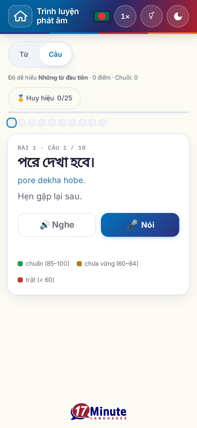 Điện thoại: một bài luyện phát âm đã bắt đầu, có câu đích và bảng chú giải chấm điểm.