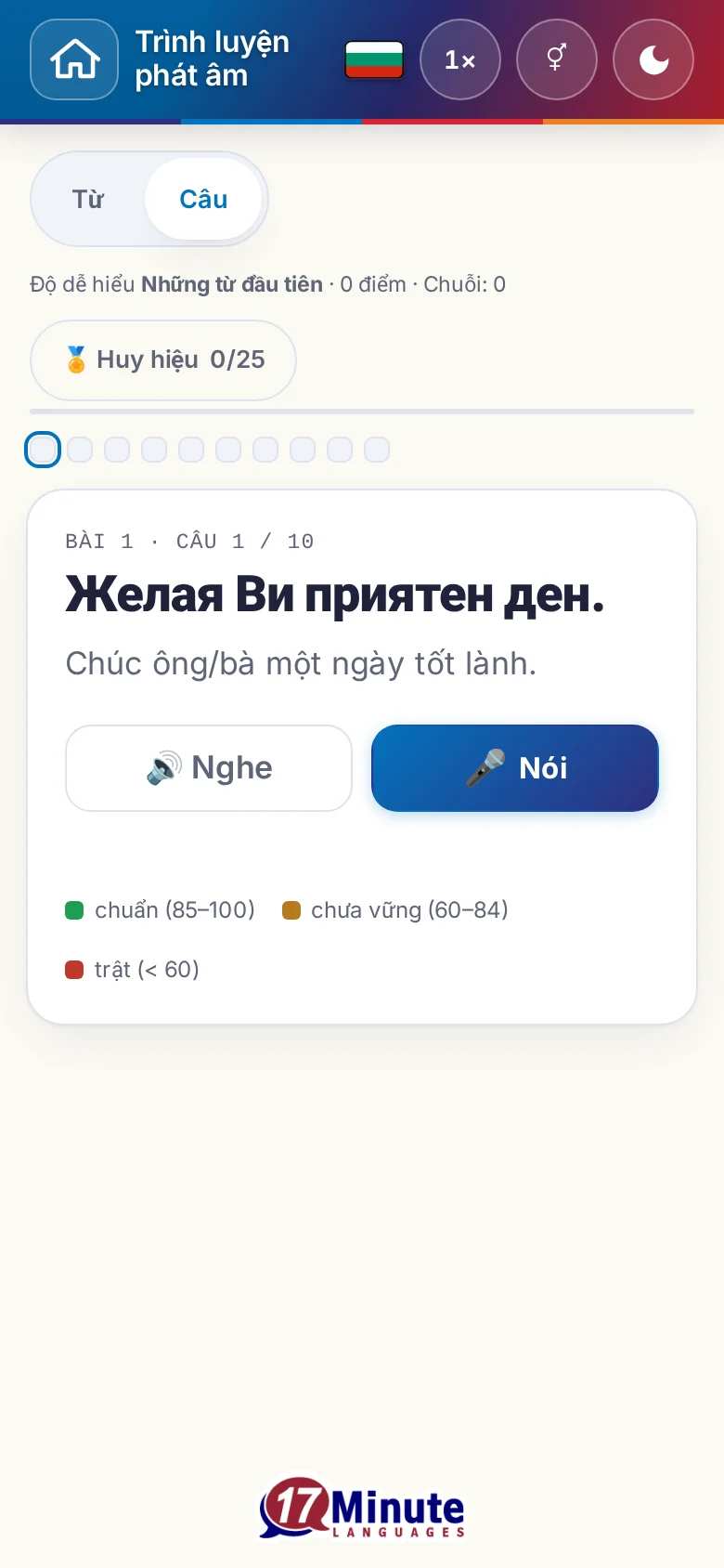 Điện thoại: một bài luyện phát âm đã bắt đầu, có câu đích và bảng chú giải chấm điểm.