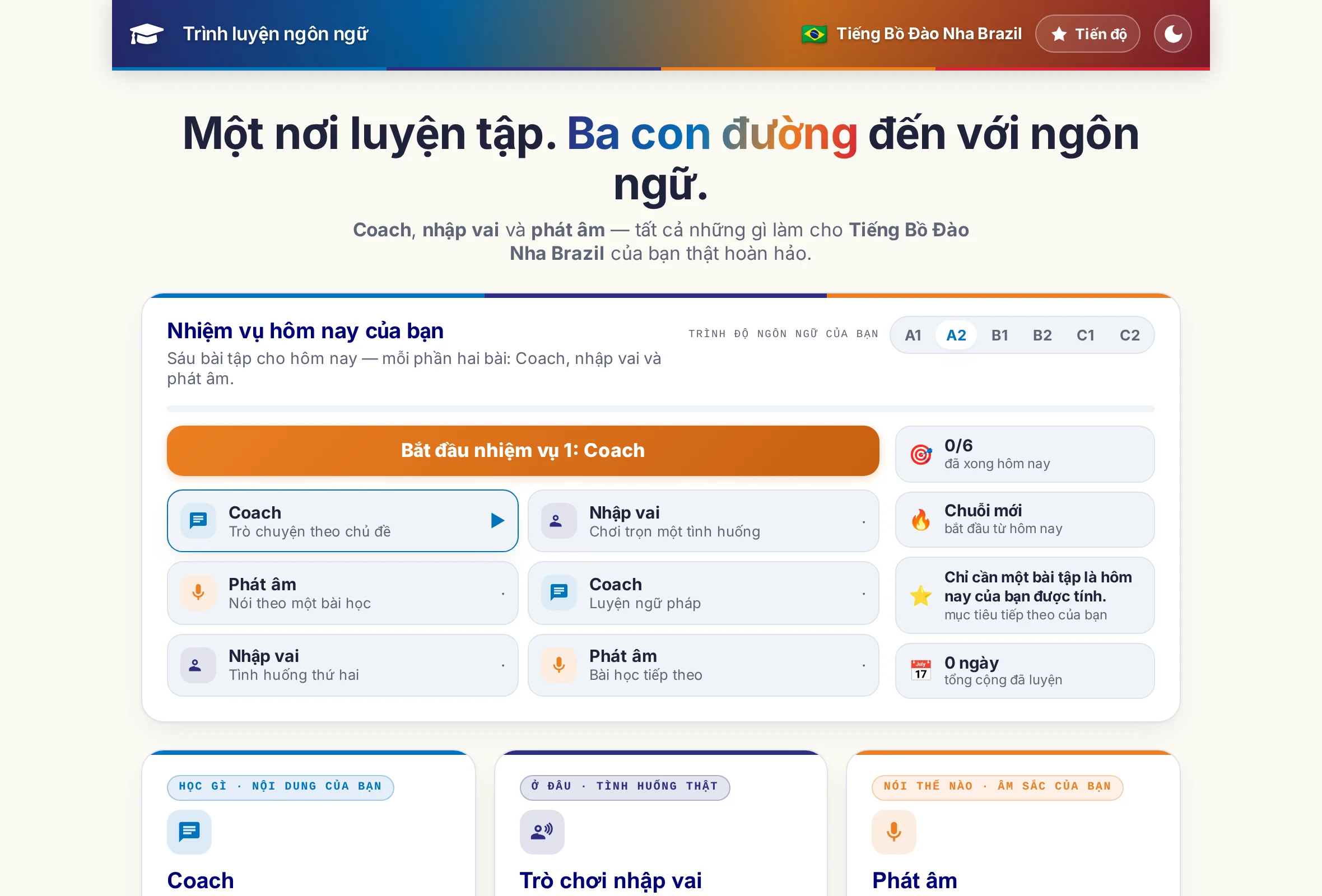 Trang chủ của trình luyện ngôn ngữ: ba chương trình dạng ô và phía trên là sáu bài tập của nhiệm vụ hằng ngày.