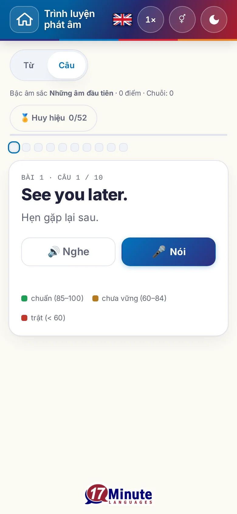 Điện thoại: một bài luyện phát âm đã bắt đầu, có câu đích và bảng chú giải chấm điểm.