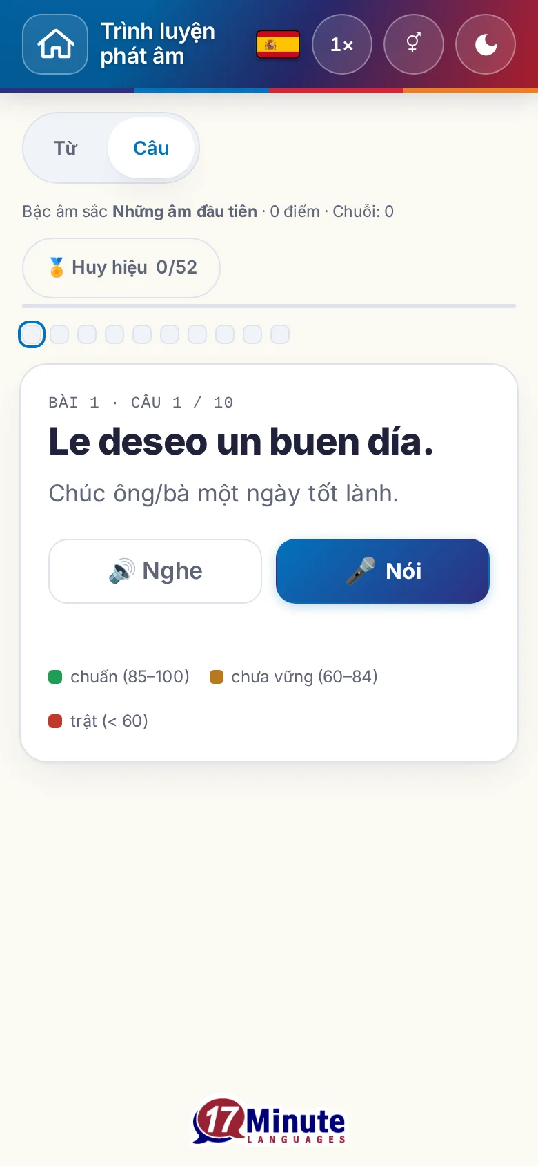 Điện thoại: một bài luyện phát âm đã bắt đầu, có câu đích và bảng chú giải chấm điểm.
