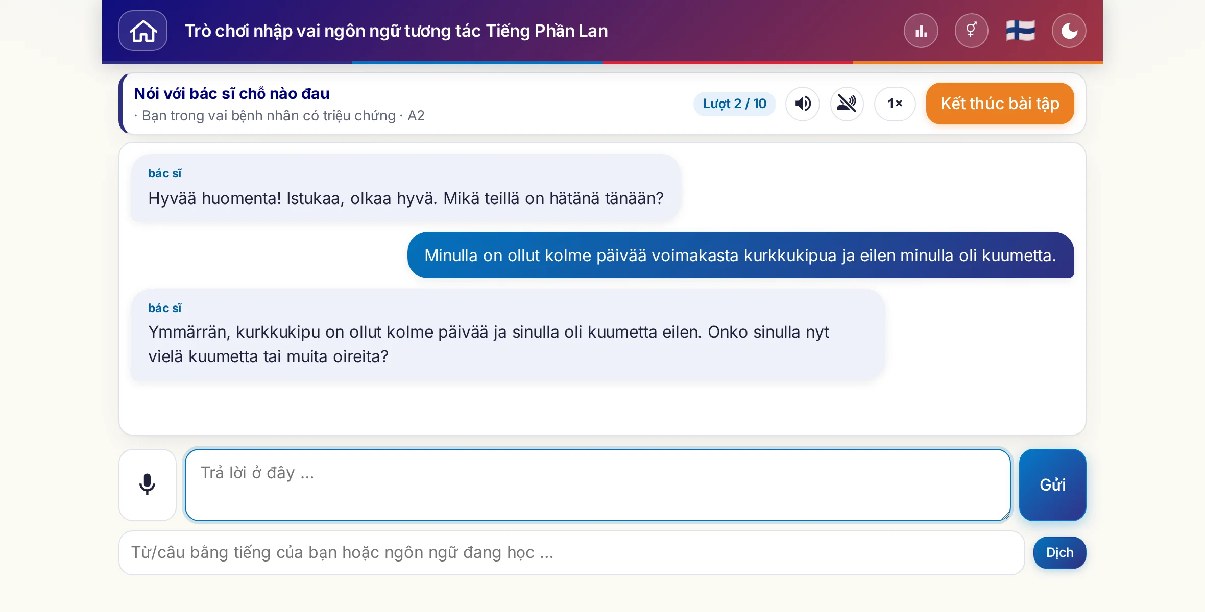 Một trò chơi nhập vai đang diễn ra: bác sĩ hỏi về mức độ đau, sốt và diễn biến trong ngày, người học trả lời tự do và cuối cùng xin đơn thuốc.