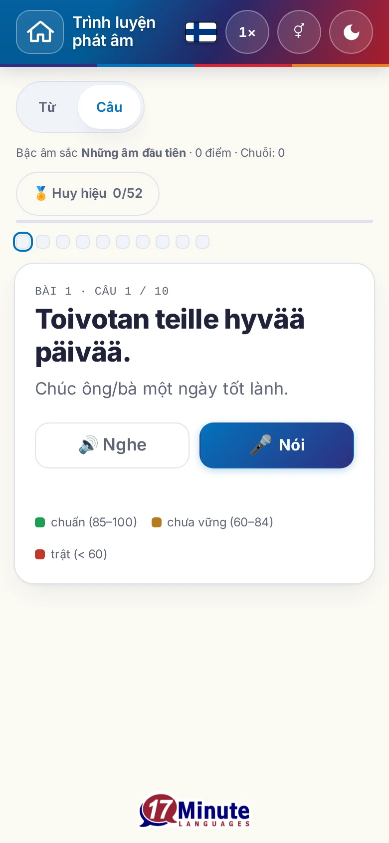 Điện thoại: một bài luyện phát âm đã bắt đầu, có câu đích và bảng chú giải chấm điểm.