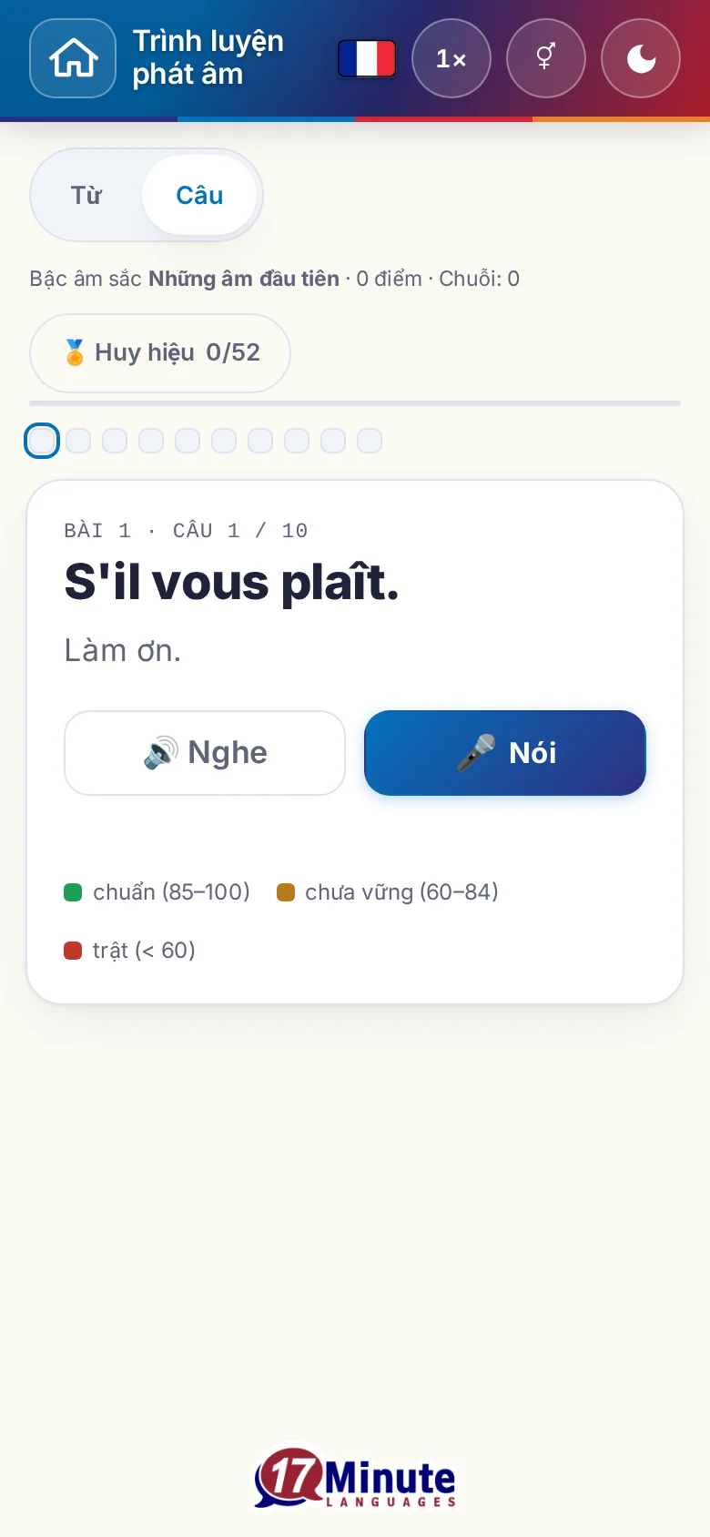 Điện thoại: một bài luyện phát âm đã bắt đầu, có câu đích và bảng chú giải chấm điểm.