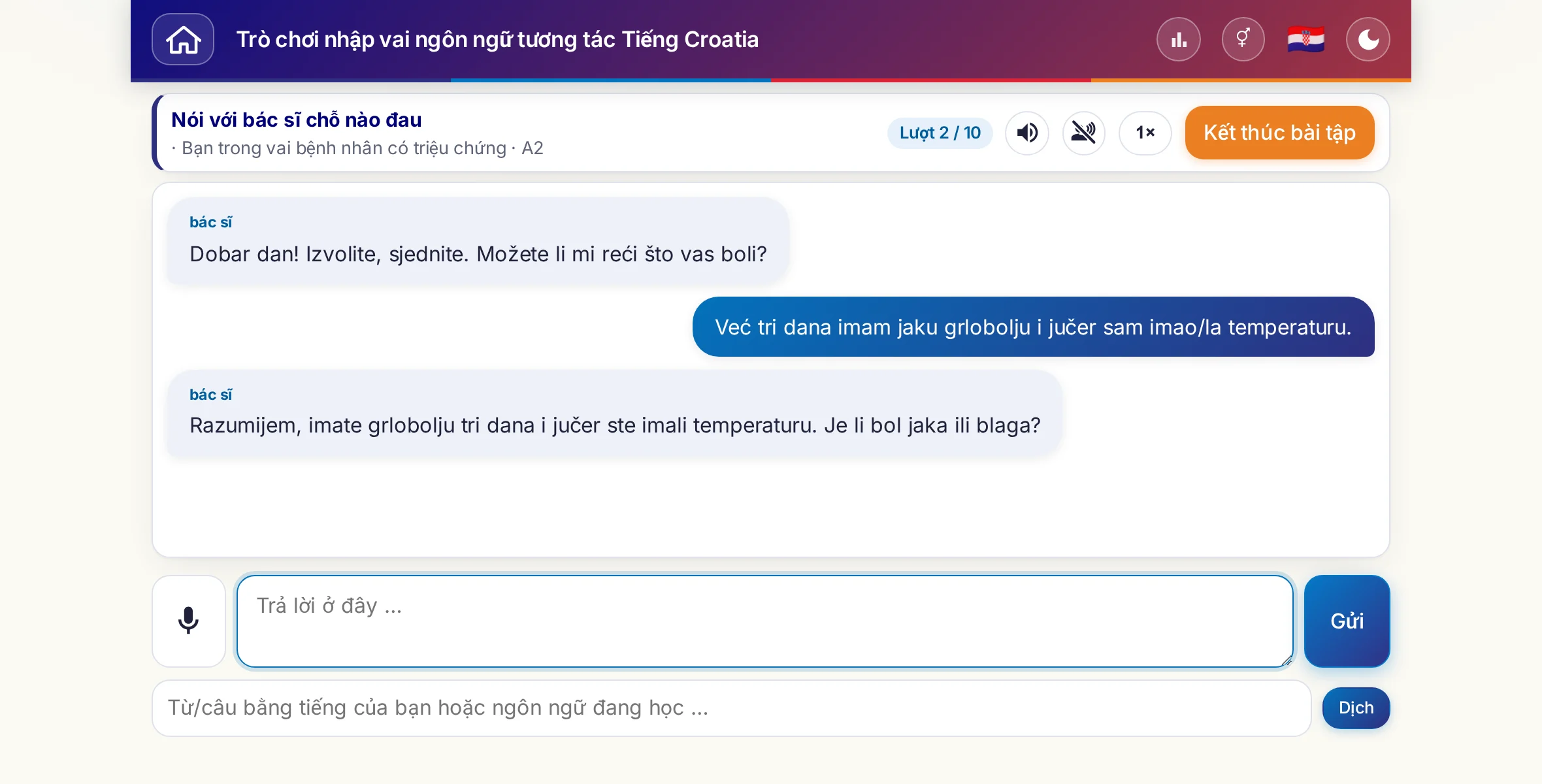 Một trò chơi nhập vai đang diễn ra: bác sĩ hỏi về mức độ đau, sốt và diễn biến trong ngày, người học trả lời tự do và cuối cùng xin đơn thuốc.