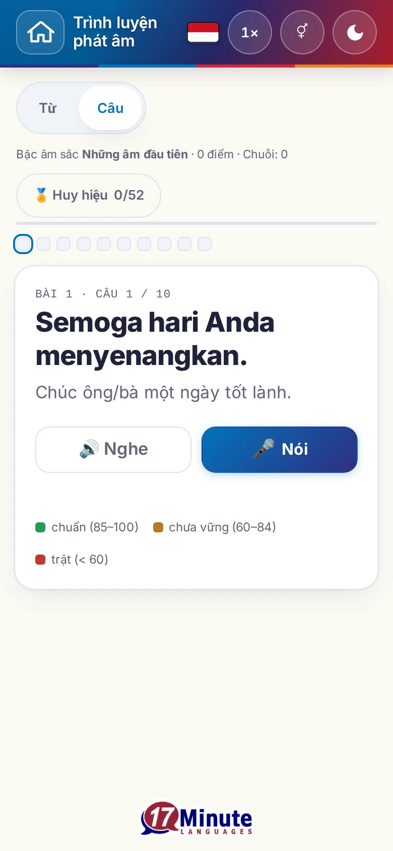 Điện thoại: một bài luyện phát âm đã bắt đầu, có câu đích và bảng chú giải chấm điểm.