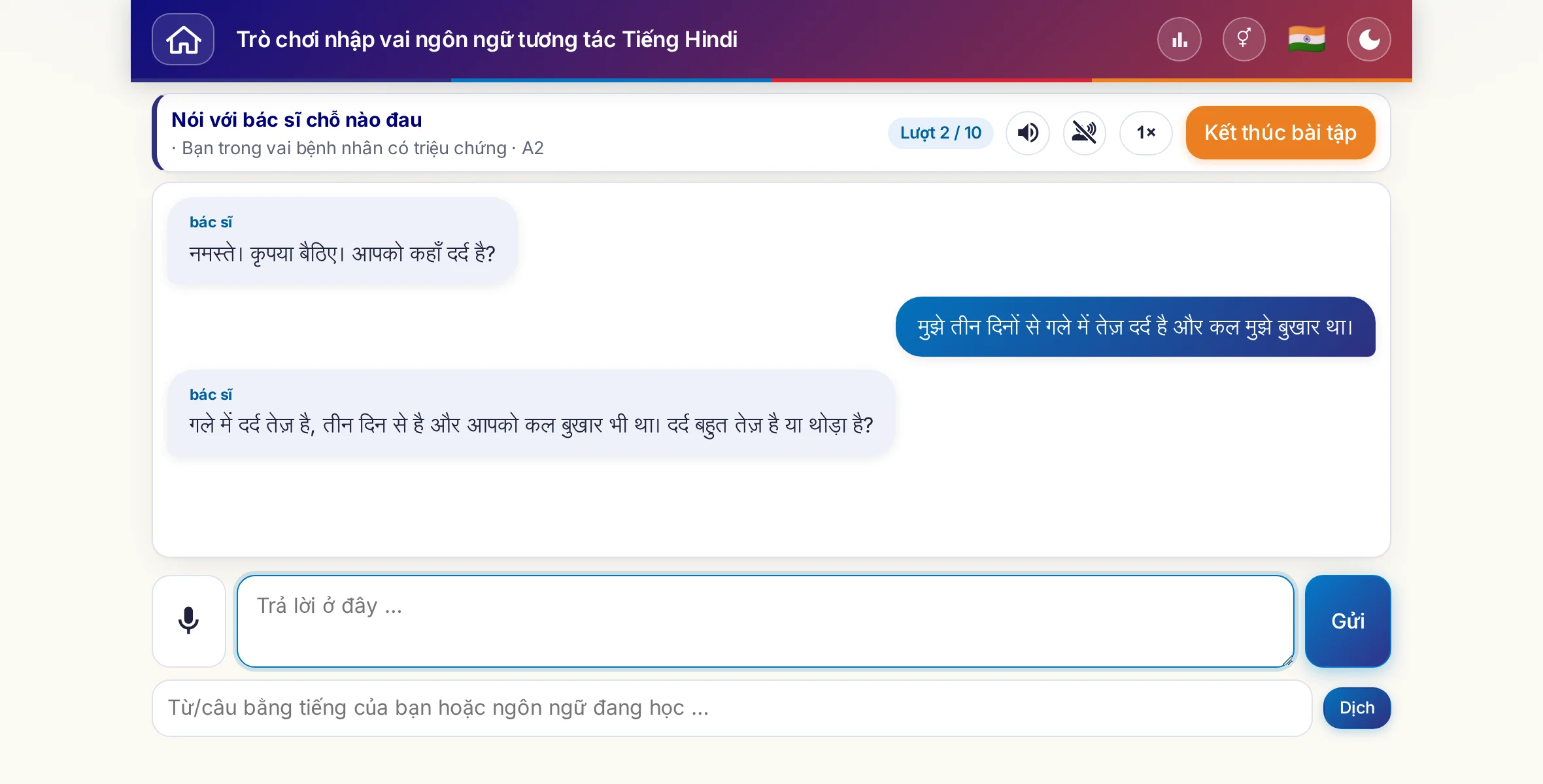 Một trò chơi nhập vai đang diễn ra: bác sĩ hỏi về mức độ đau, sốt và diễn biến trong ngày, người học trả lời tự do và cuối cùng xin đơn thuốc.