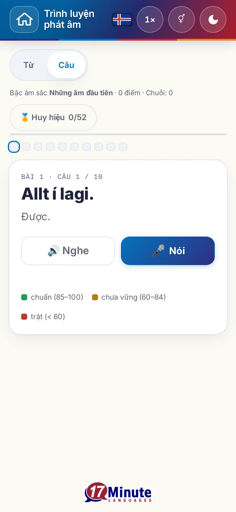 Điện thoại: một bài luyện phát âm đã bắt đầu, có câu đích và bảng chú giải chấm điểm.