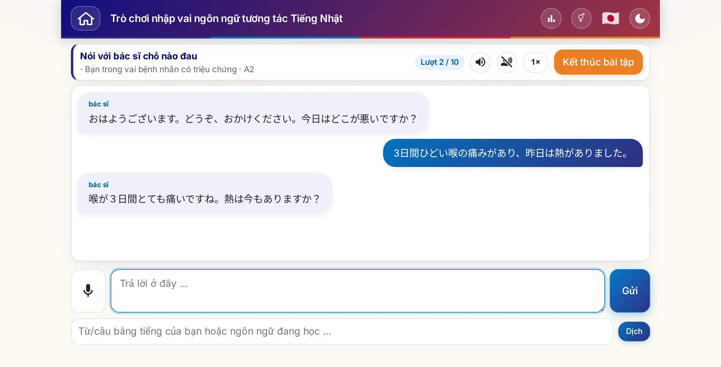 Một trò chơi nhập vai đang diễn ra: bác sĩ hỏi về mức độ đau, sốt và diễn biến trong ngày, người học trả lời tự do và cuối cùng xin đơn thuốc.