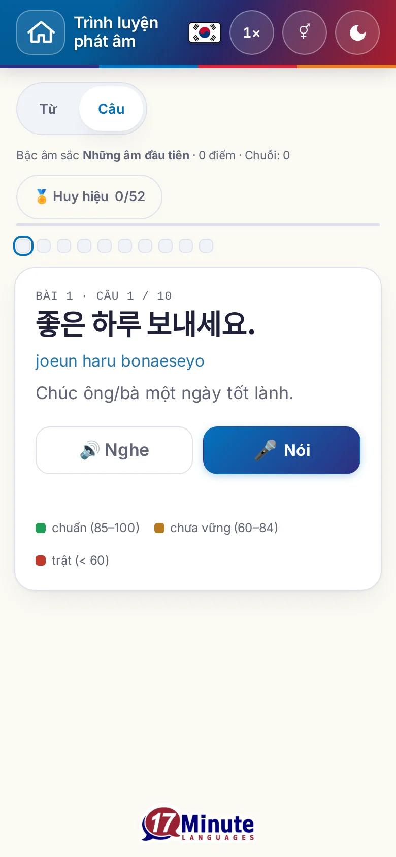 Điện thoại: một bài luyện phát âm đã bắt đầu, có câu đích và bảng chú giải chấm điểm.