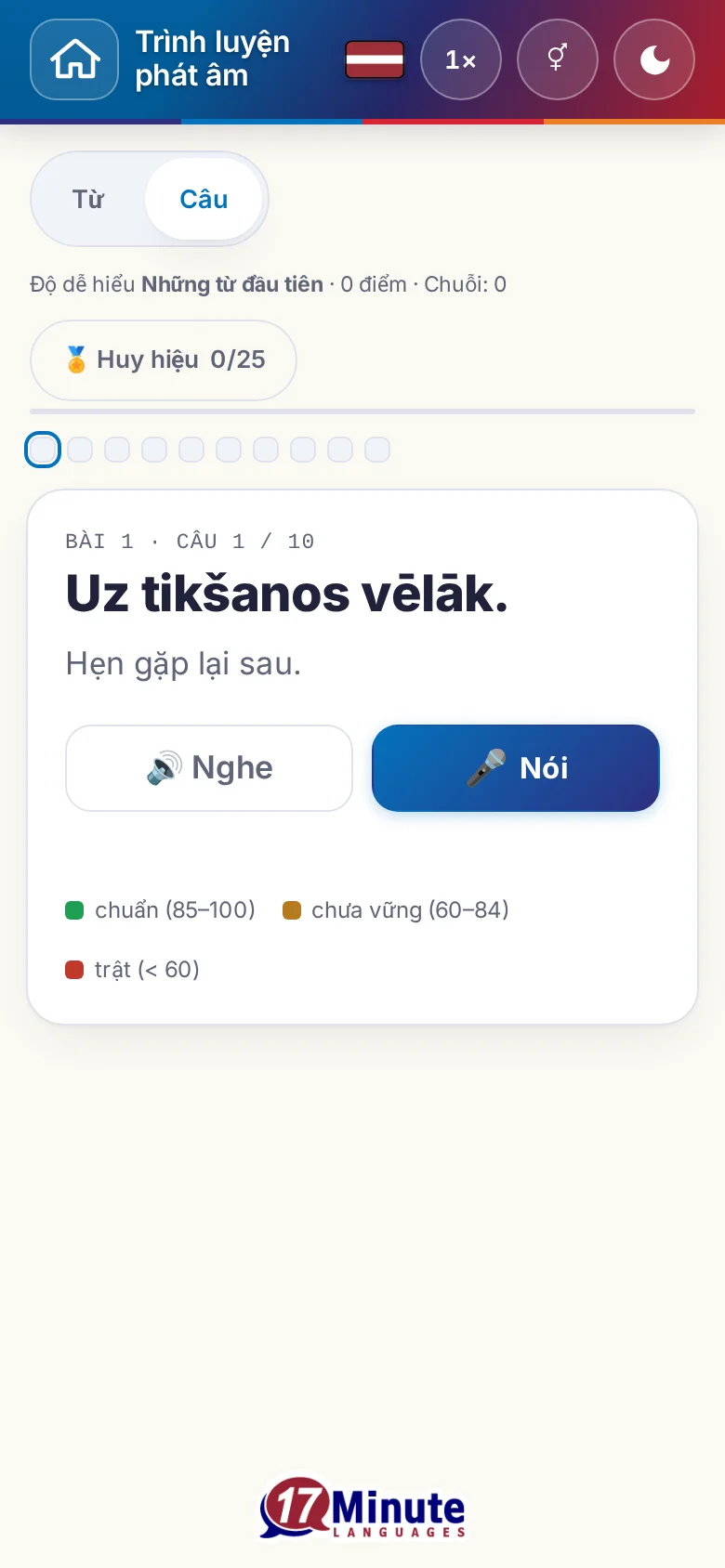 Điện thoại: một bài luyện phát âm đã bắt đầu, có câu đích và bảng chú giải chấm điểm.