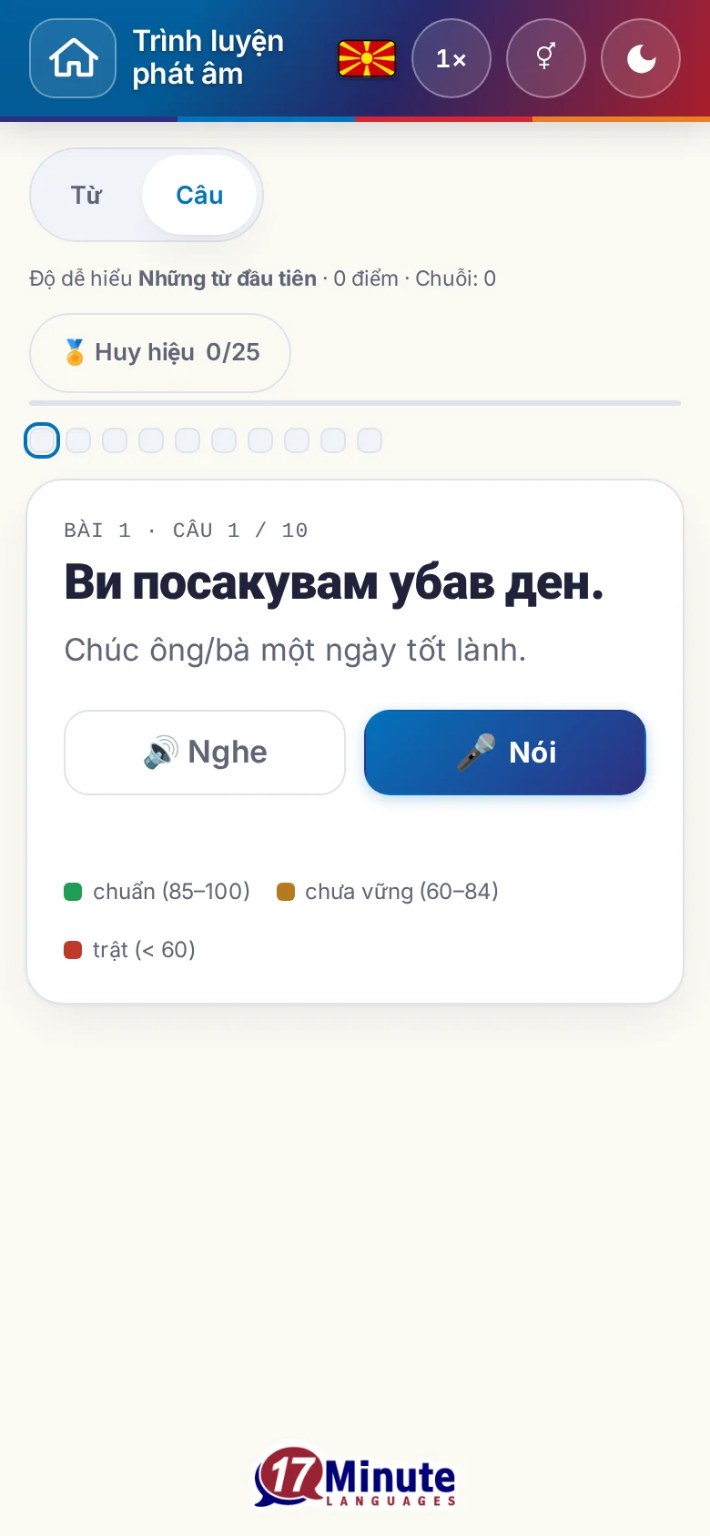 Điện thoại: một bài luyện phát âm đã bắt đầu, có câu đích và bảng chú giải chấm điểm.