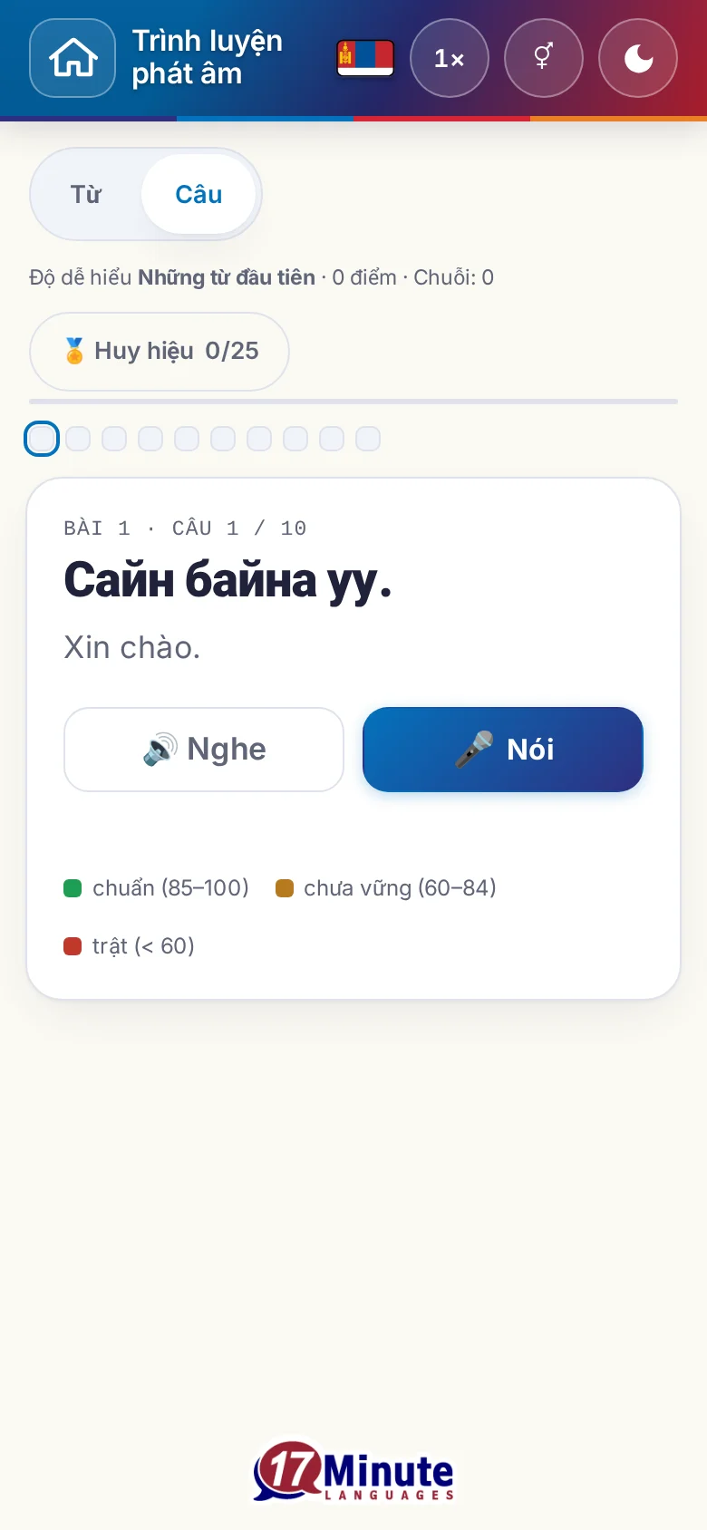 Điện thoại: một bài luyện phát âm đã bắt đầu, có câu đích và bảng chú giải chấm điểm.