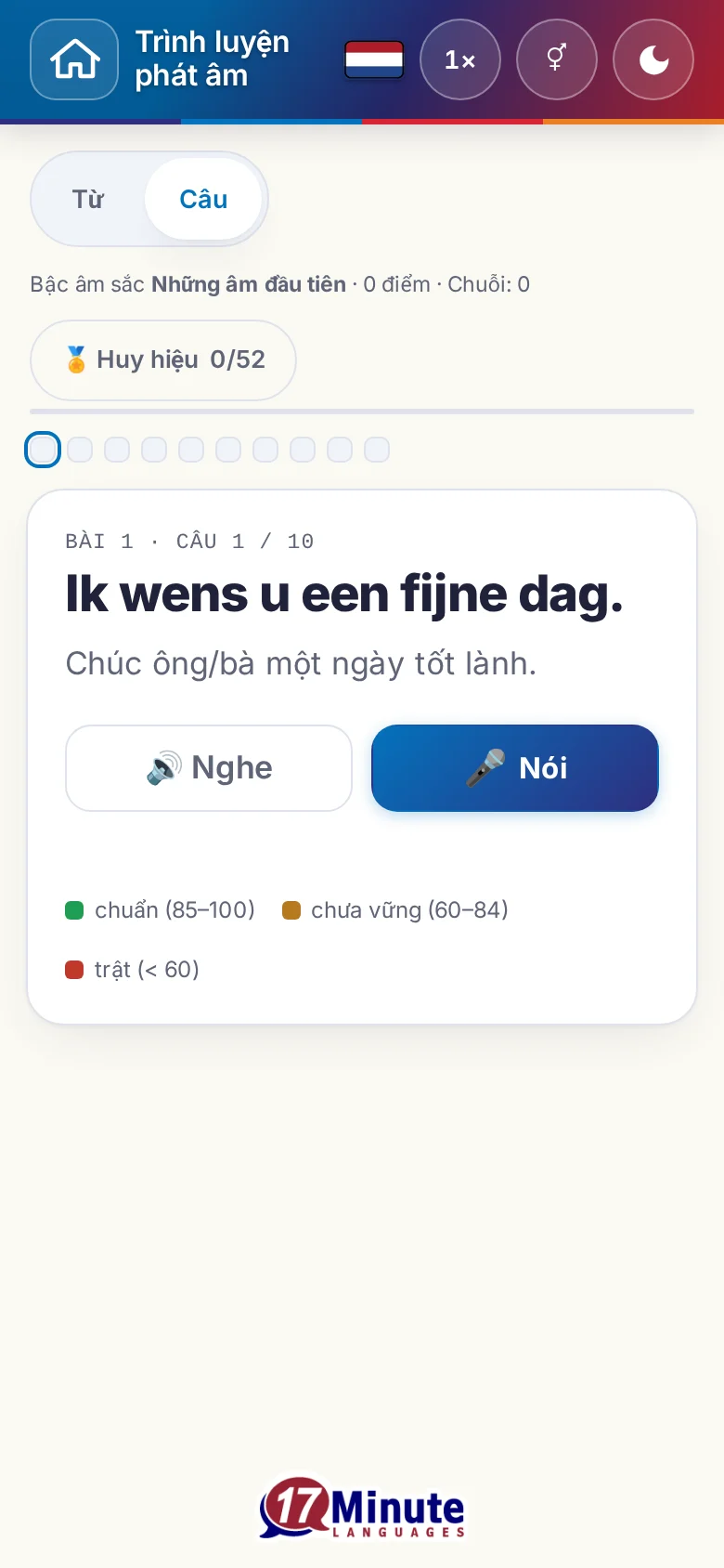 Điện thoại: một bài luyện phát âm đã bắt đầu, có câu đích và bảng chú giải chấm điểm.