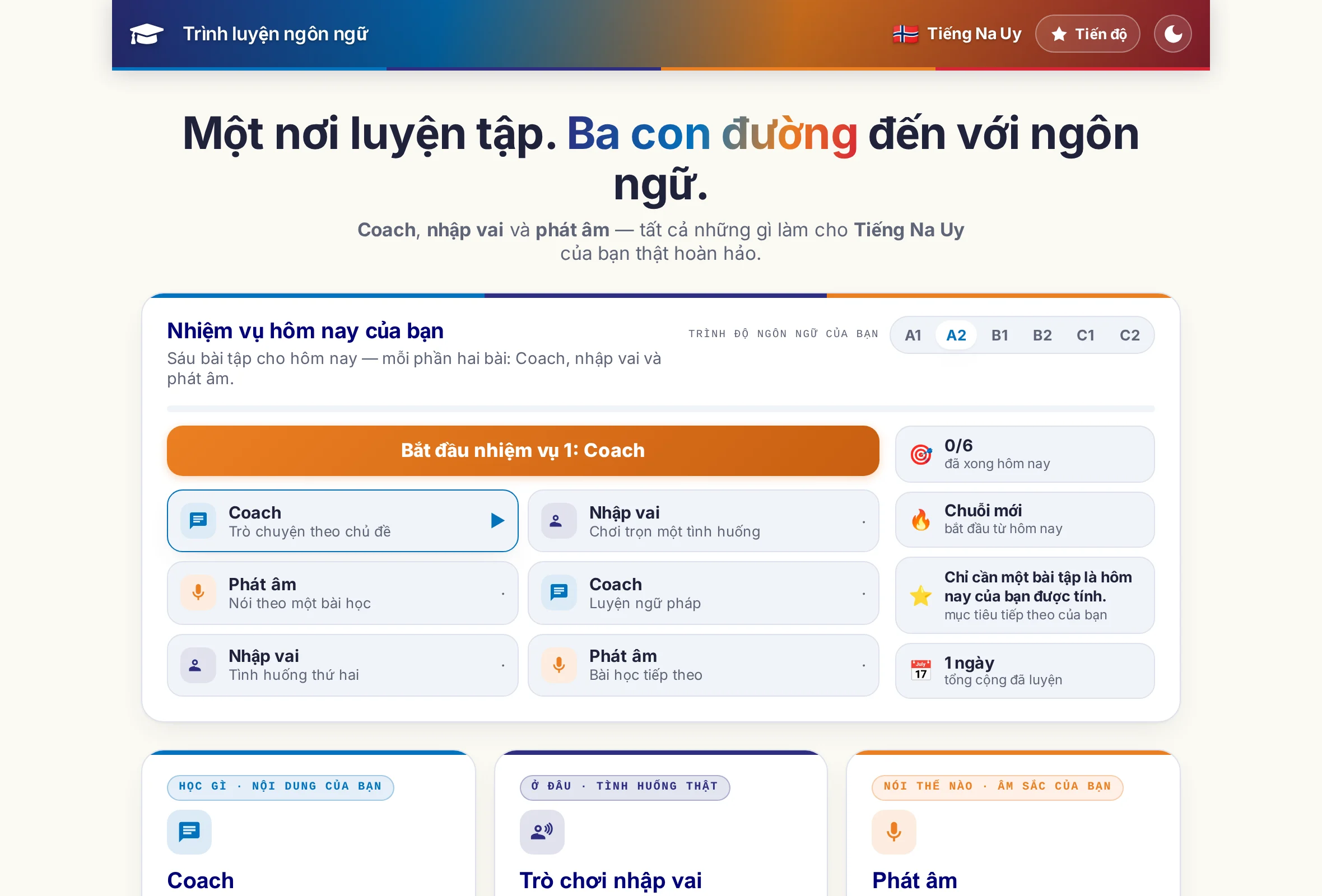 Trang chủ của trình luyện ngôn ngữ: ba chương trình dạng ô và phía trên là sáu bài tập của nhiệm vụ hằng ngày.